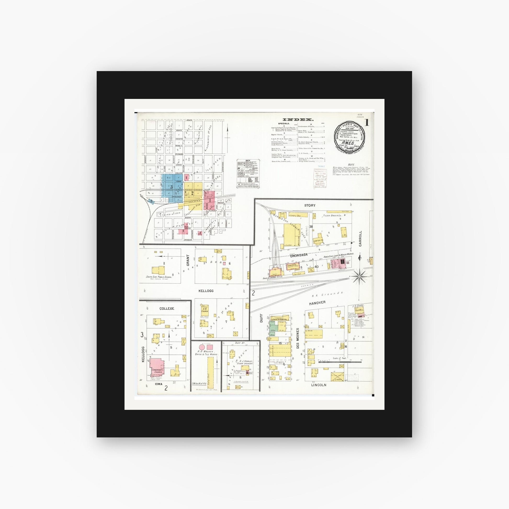 Old map wall art mockup — black gallery frame with white mat — Sanborn Fire Insurance Map from Ames, Story County, Iowa (1900), Sheet #0001