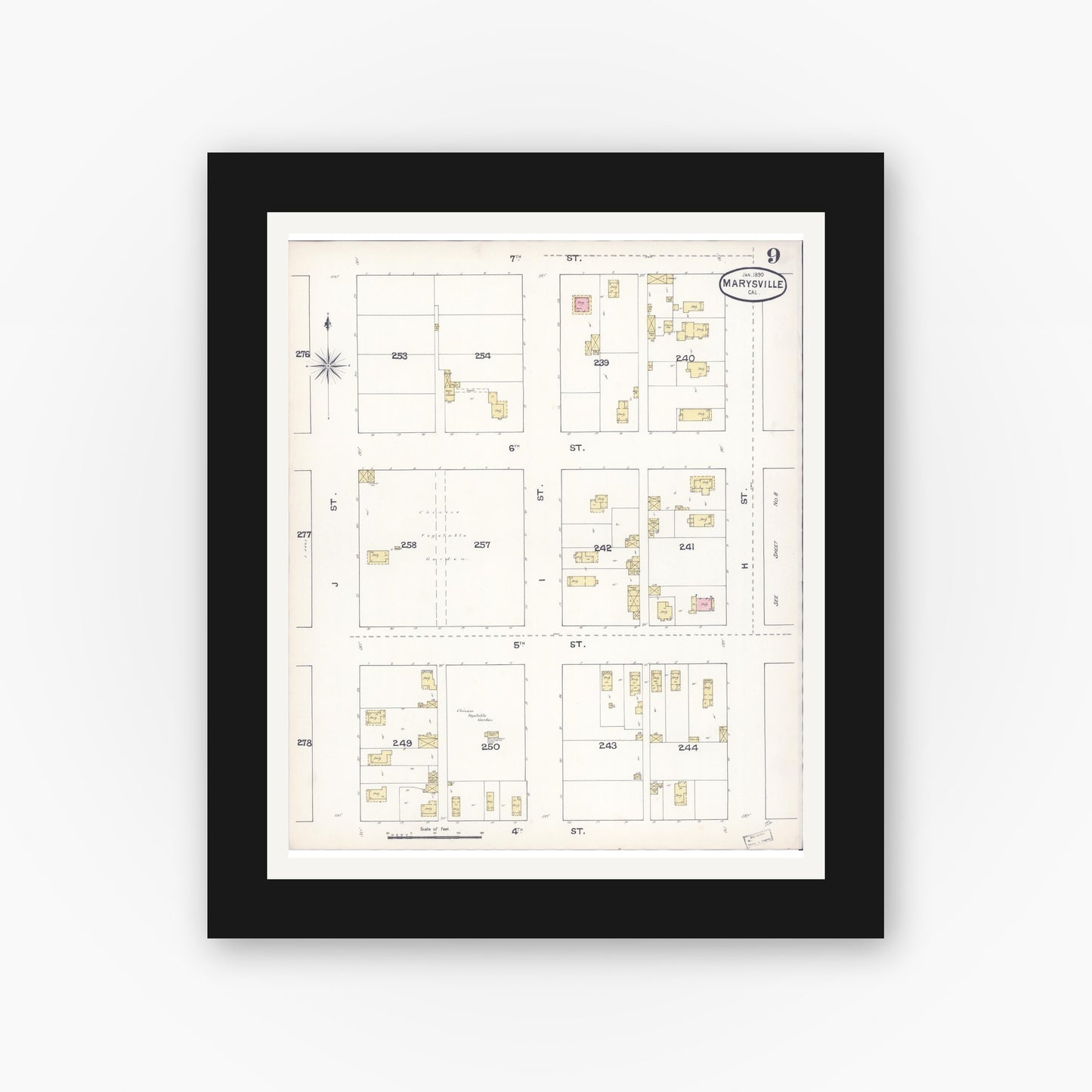 Old map wall art mockup — black gallery frame with white mat — Sanborn Fire Insurance Map from Marysville, Yuba County, California (1890), Sheet #0009