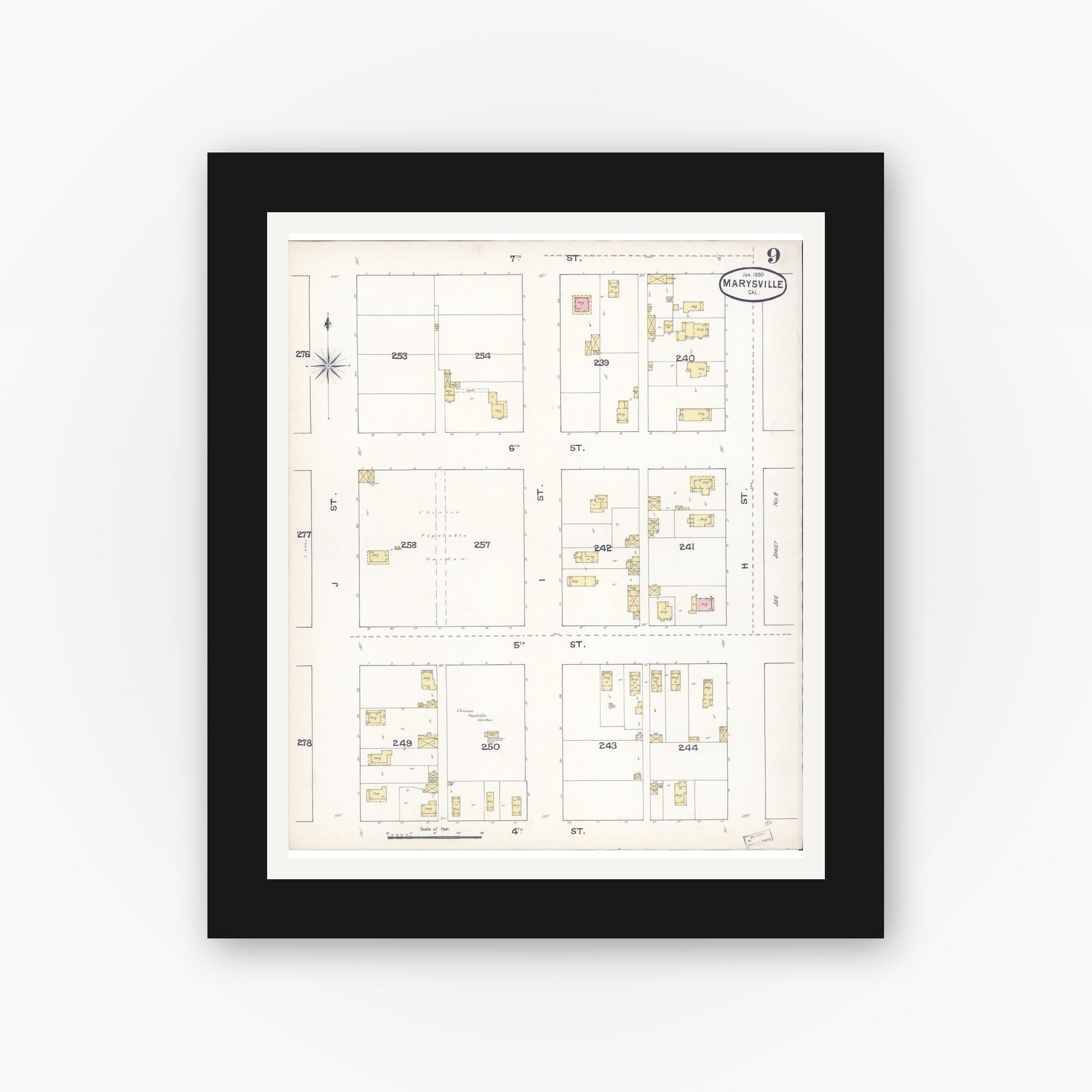 Old map wall art mockup — black gallery frame with white mat — Sanborn Fire Insurance Map from Marysville, Yuba County, California (1890), Sheet #0009