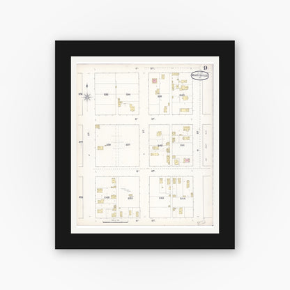 Old map wall art mockup — black gallery frame with white mat — Sanborn Fire Insurance Map from Marysville, Yuba County, California (1890), Sheet #0009