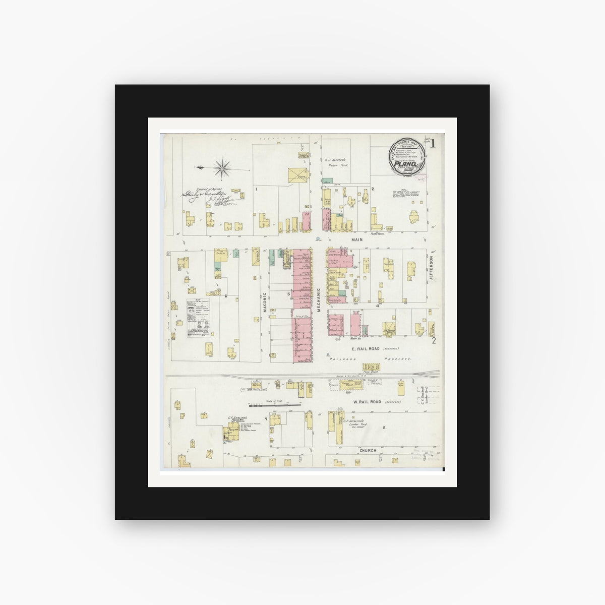 Old map wall art mockup — black gallery frame with white mat — Sanborn Fire Insurance Map from Plano, Collin County, Texas (1896) - Complete Map Set