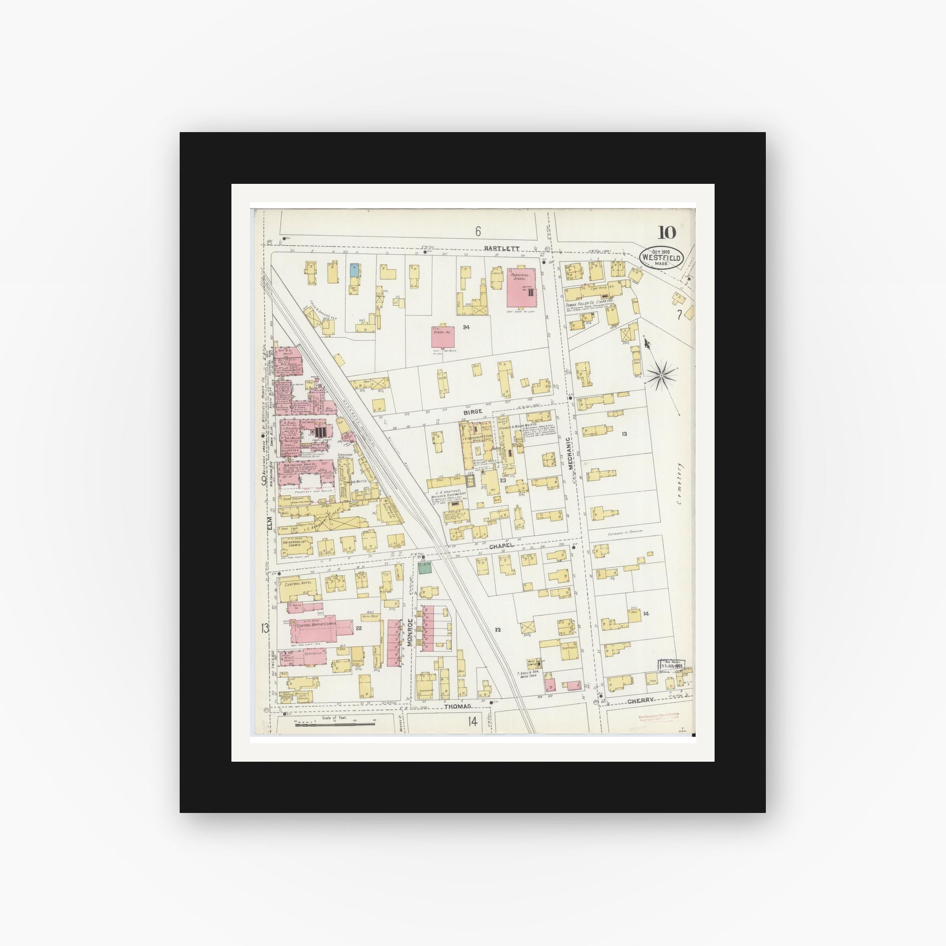 Old map wall art mockup — black gallery frame with white mat — Sanborn Fire Insurance Map from Westfield, Hampden County, Massachusetts (1905), Sheet #0010