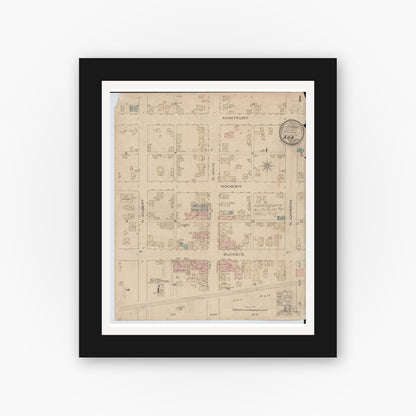 Old map wall art mockup — black gallery frame with white mat — Sanborn Fire Insurance Map from Ada, Hardin County, Ohio (1885), Sheet #0001