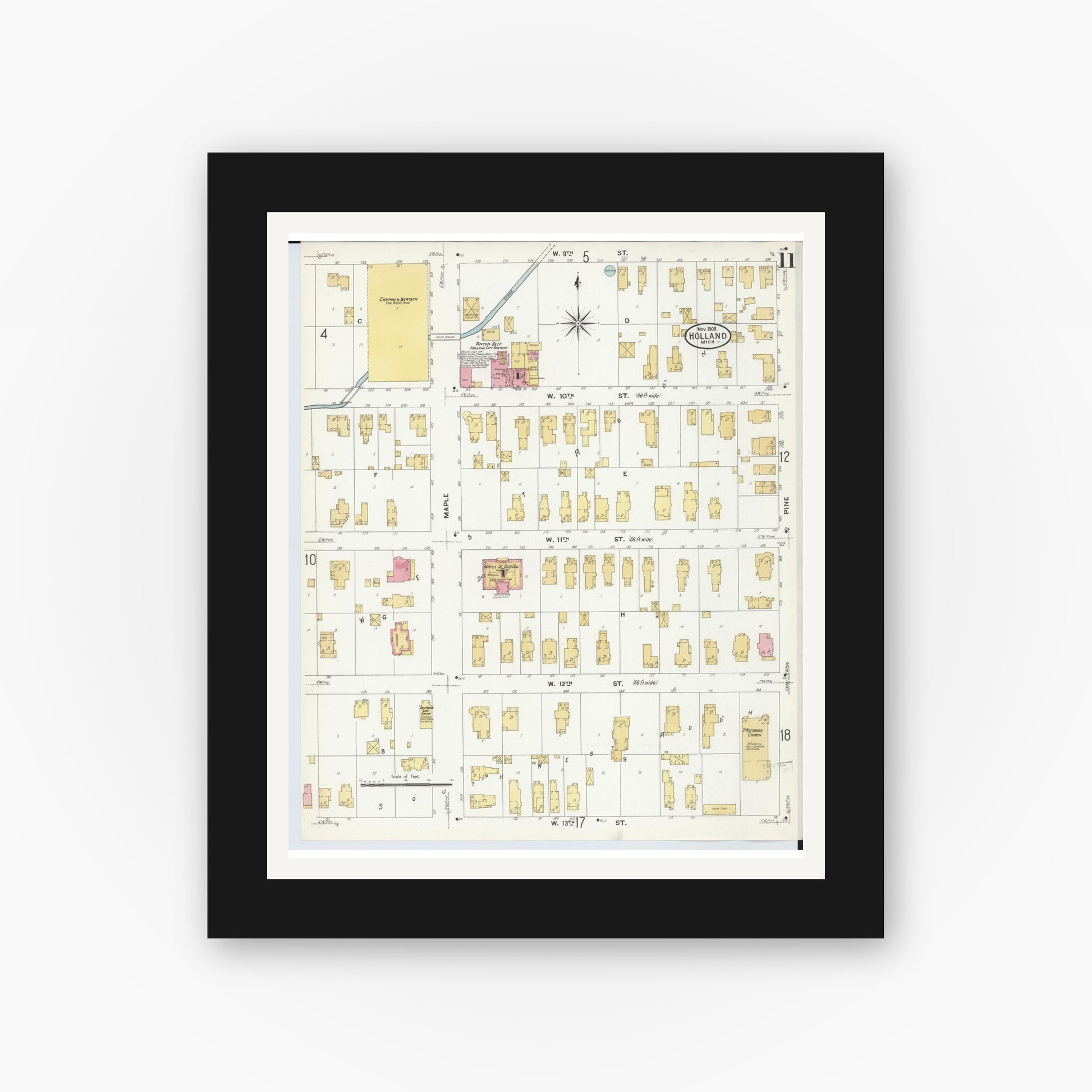 Old map wall art mockup — black gallery frame with white mat — Sanborn Fire Insurance Map from Holland, Ottawa County, Michigan (1908), Sheet #0011