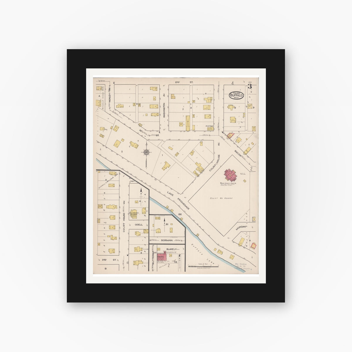 Old map wall art mockup — black gallery frame with white mat — Sanborn Fire Insurance Map from Buffalo, Wright County, Minnesota (1922), Sheet #0003