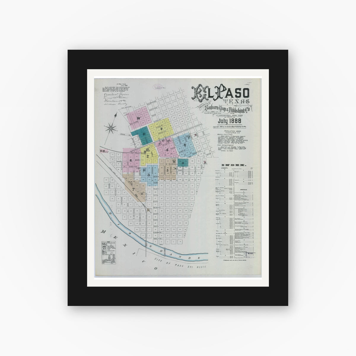 Old map wall art mockup — black gallery frame with white mat — Sanborn Fire Insurance Map from El Paso, El Paso County, Texas (1888) - Complete Map Set