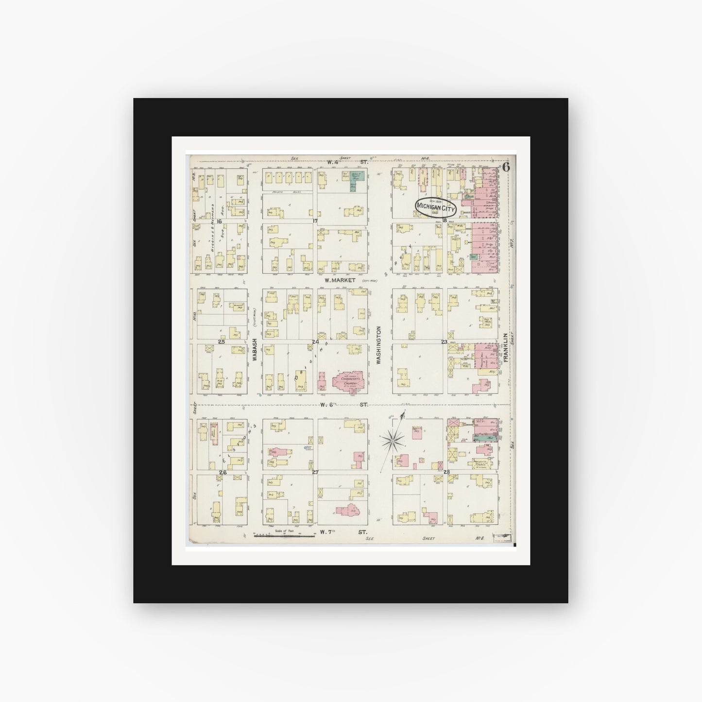 Old map wall art mockup — black gallery frame with white mat — Sanborn Fire Insurance Map from Michigan City, La Porte County, Indiana (1889), Sheet #0006