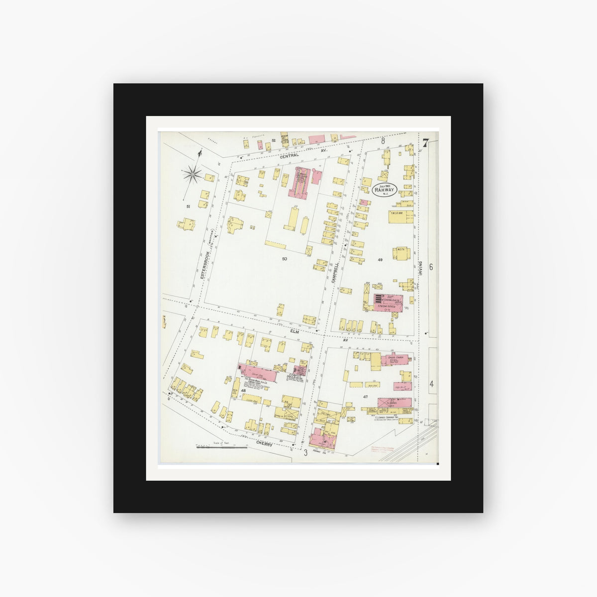 Old map wall art mockup — black gallery frame with white mat — Sanborn Fire Insurance Map from Rahway, Union County, New Jersey (1901), Sheet #0007