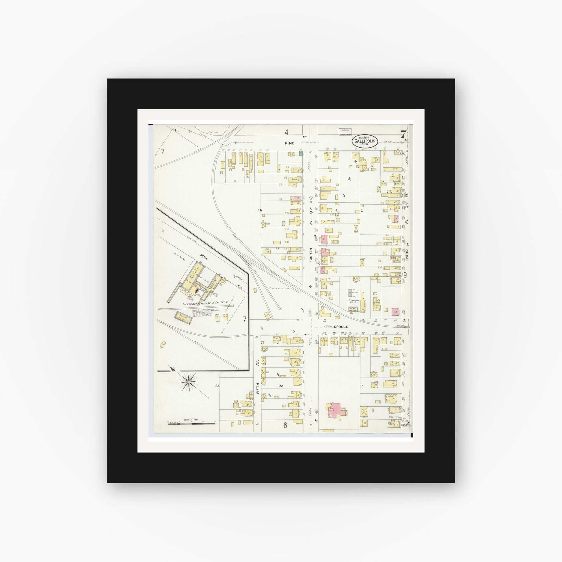 Old map wall art mockup — black gallery frame with white mat — Sanborn Fire Insurance Map from Gallipolis, Gallia County, Ohio (1908), Sheet #0007