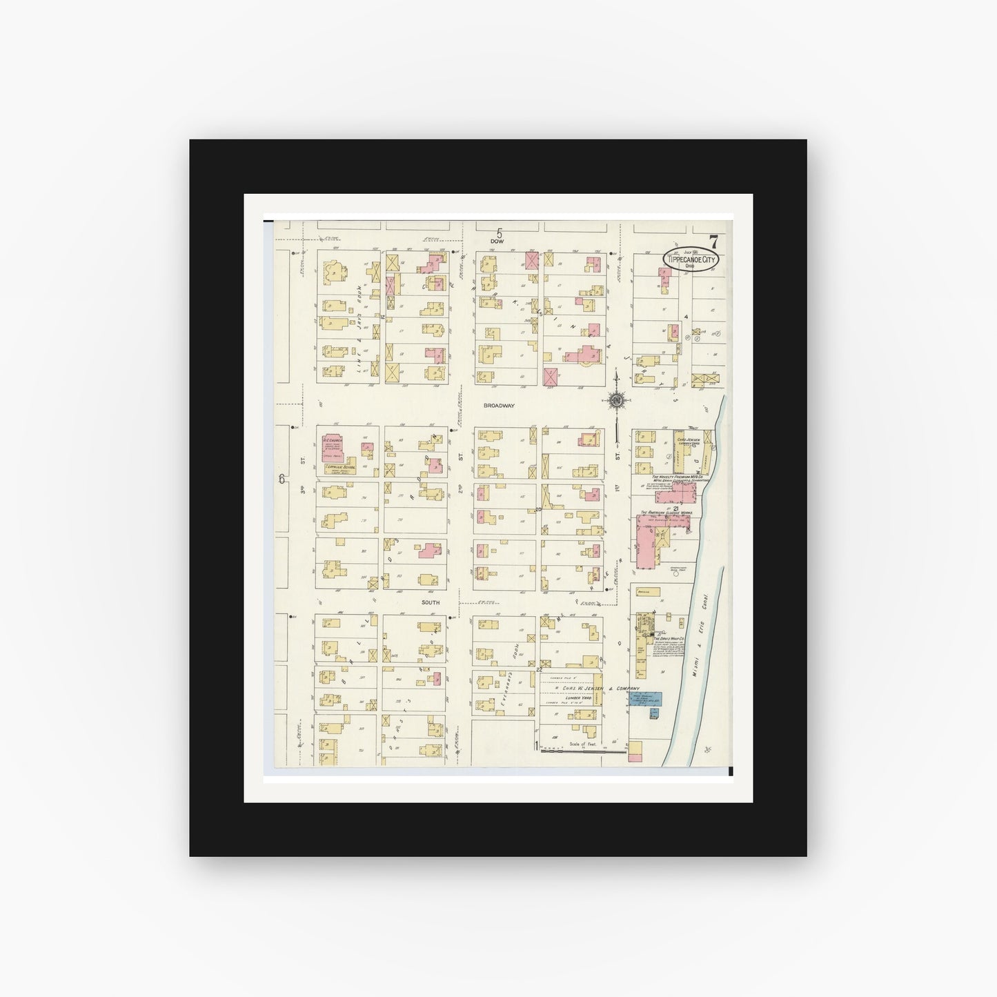 Old map wall art mockup — black gallery frame with white mat — Sanborn Fire Insurance Map from Tipp City, Miami County, Ohio (1911), Sheet #0007