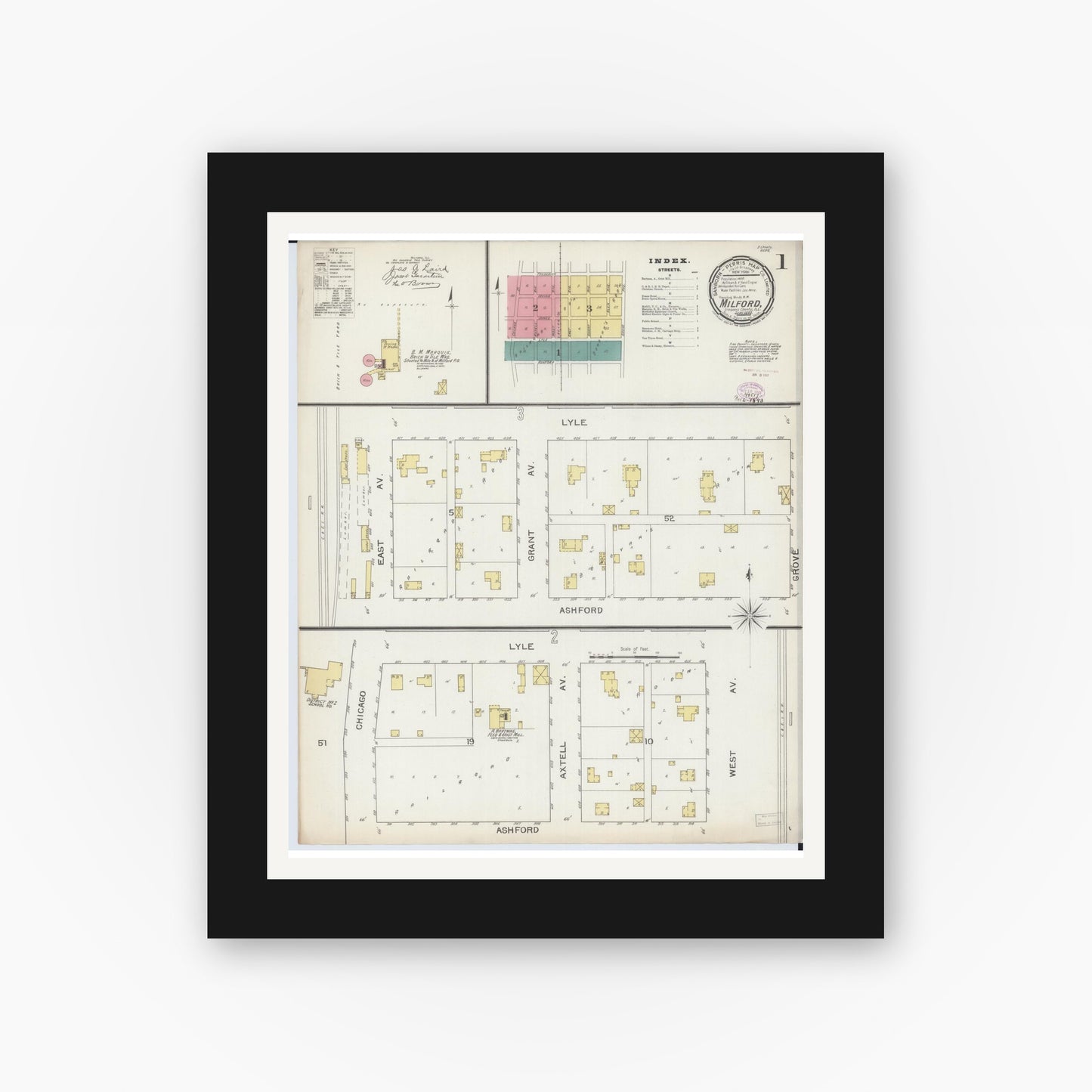 Old map wall art mockup — black gallery frame with white mat — Sanborn Fire Insurance Map from Milford, Iroquois County, Illinois (1893) - Complete Map Set