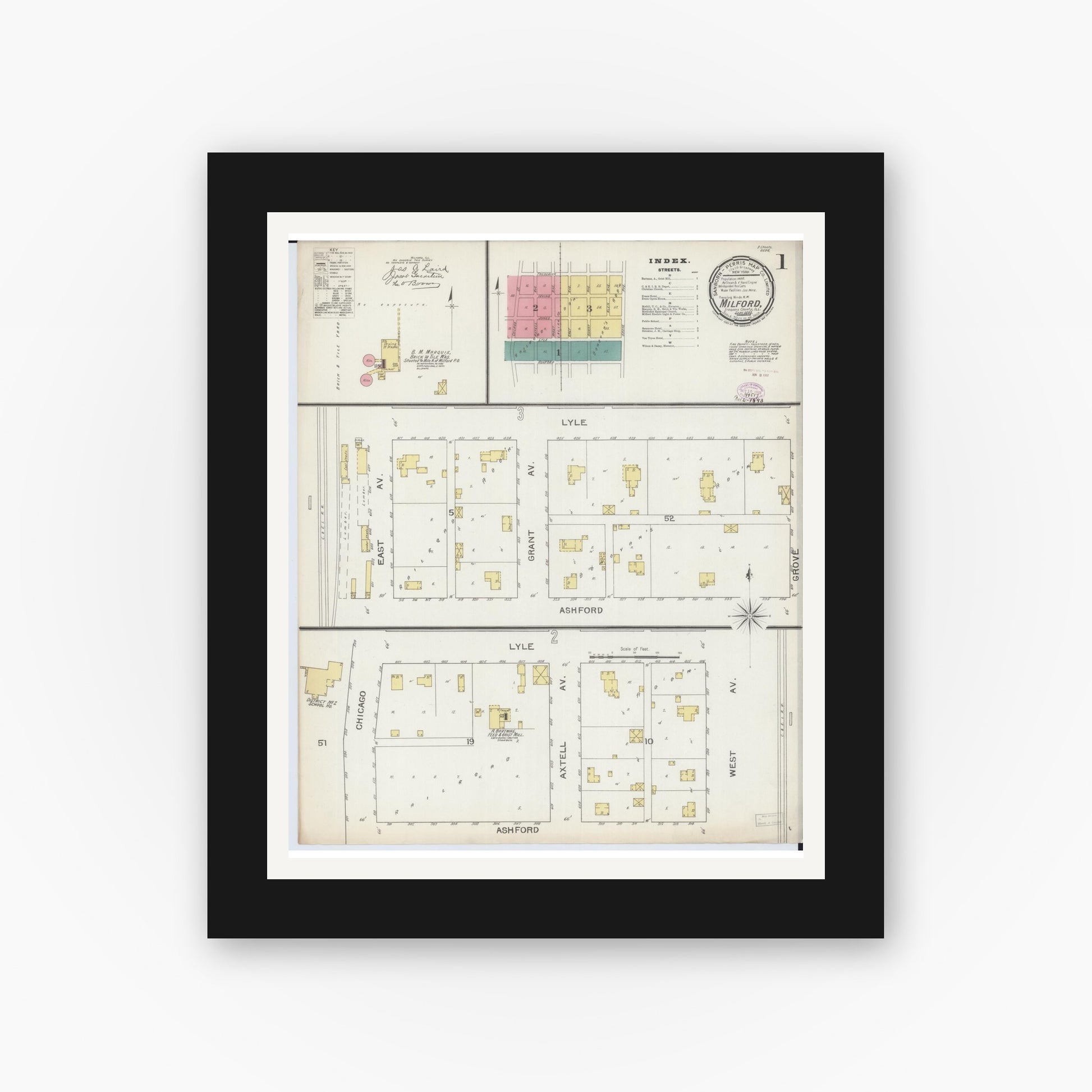 Old map wall art mockup — black gallery frame with white mat — Sanborn Fire Insurance Map from Milford, Iroquois County, Illinois (1893) - Complete Map Set