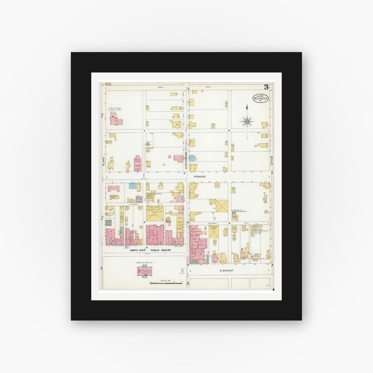 Old map wall art mockup — black gallery frame with white mat — Sanborn Fire Insurance Map from Mercer, Mercer County, Pennsylvania (1904), Sheet #0003