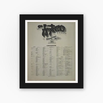 Old map wall art mockup — black gallery frame with white mat — Sanborn Fire Insurance Map from Waco, McLennan County, Texas (1899), Sheet #0001