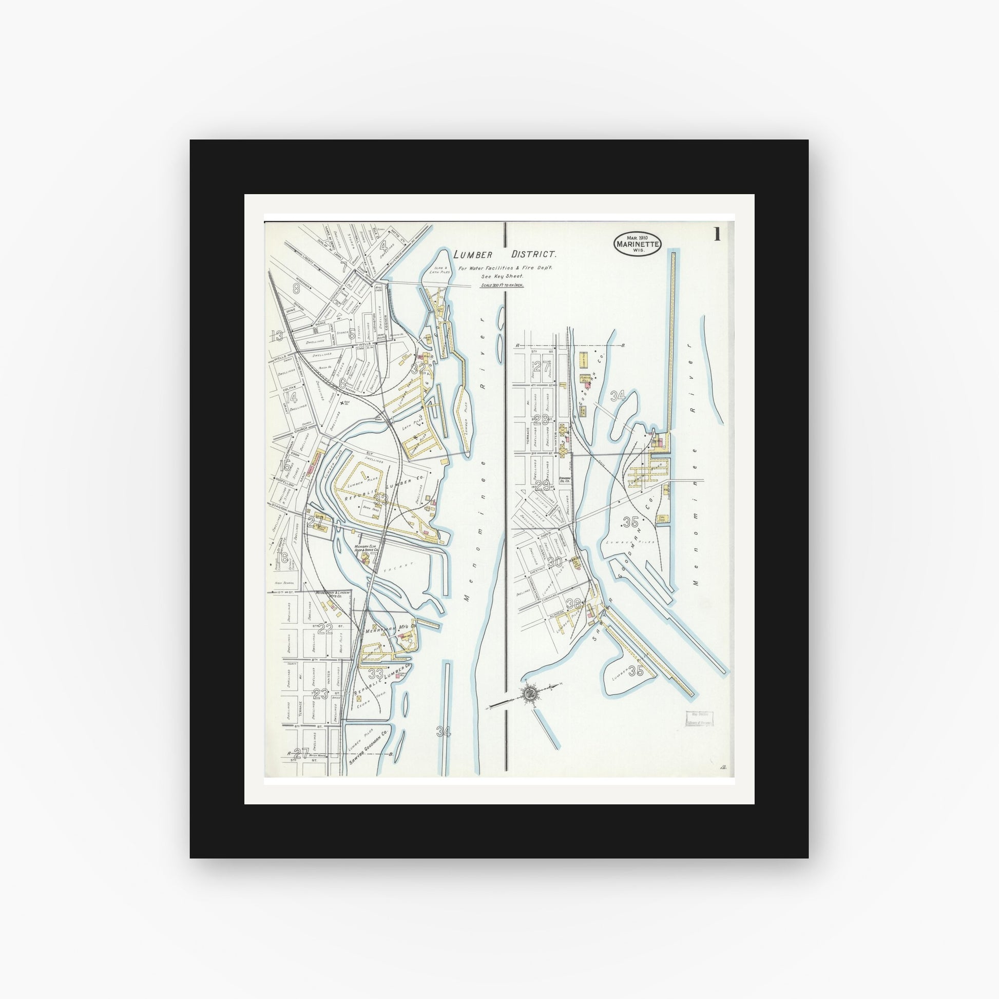 Old map wall art mockup — black gallery frame with white mat — Sanborn Fire Insurance Map from Marinette, Marinette County, Wisconsin (1910) - Complete Map Set