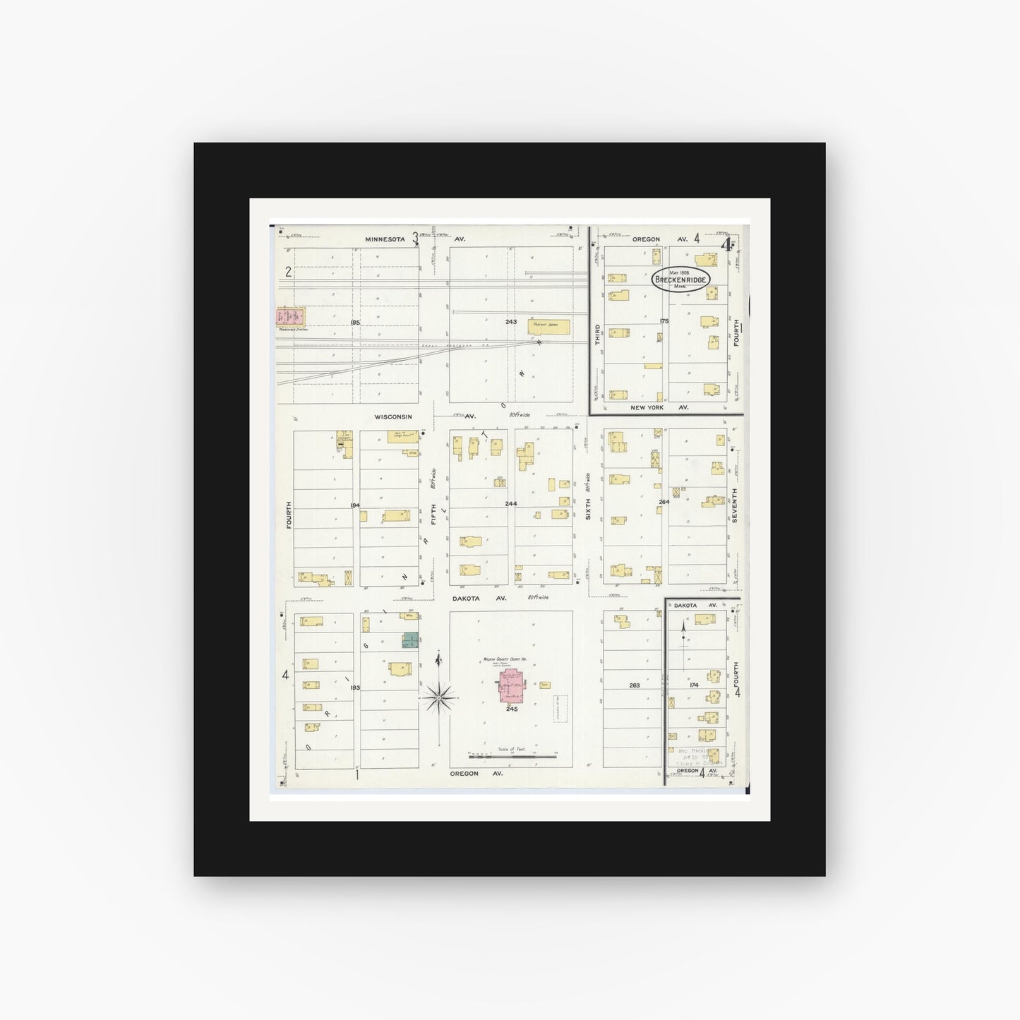 Old map wall art mockup — black gallery frame with white mat — Sanborn Fire Insurance Map from Breckenridge, Wilkin County, Minnesota (1909), Sheet #0004