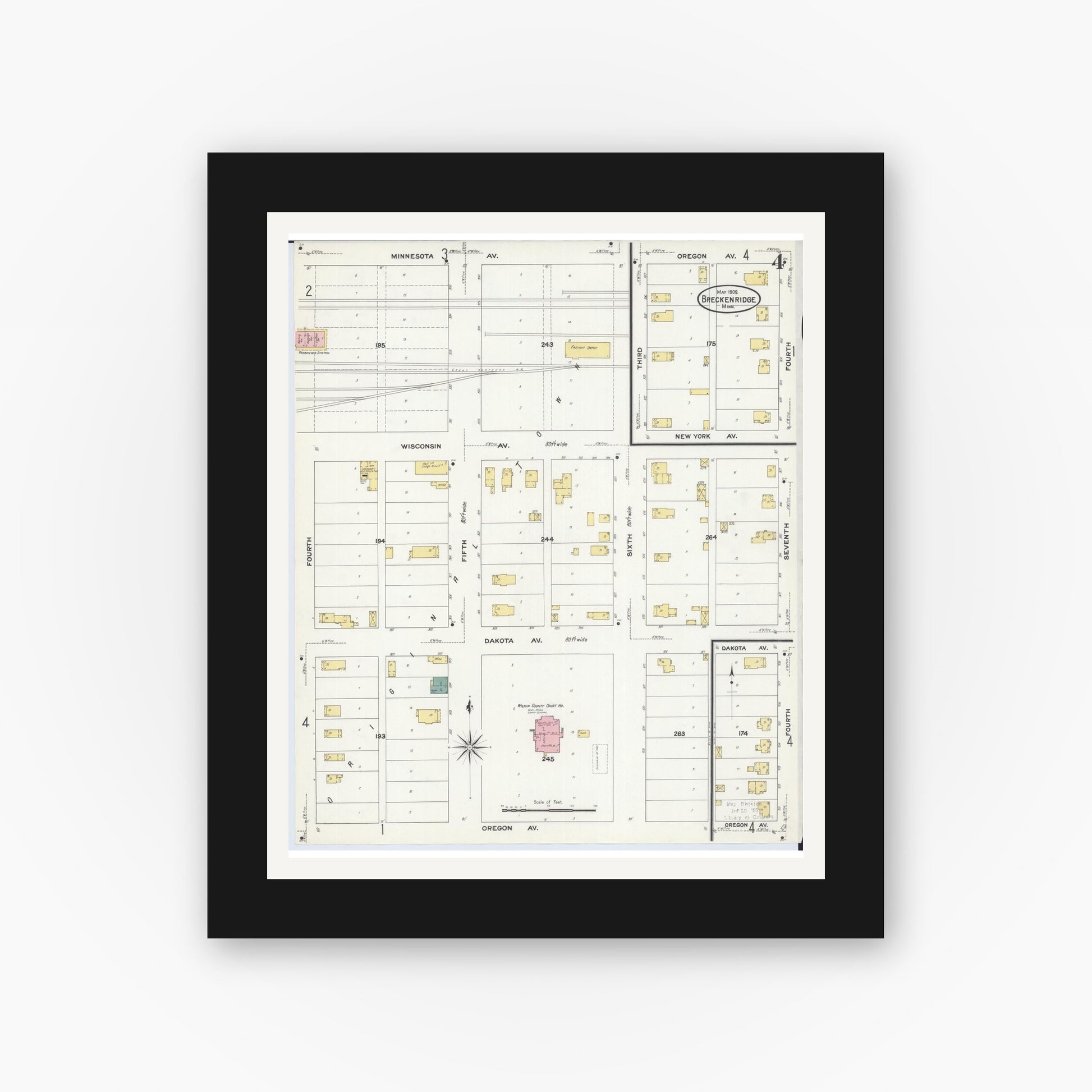 Old map wall art mockup — black gallery frame with white mat — Sanborn Fire Insurance Map from Breckenridge, Wilkin County, Minnesota (1909), Sheet #0004