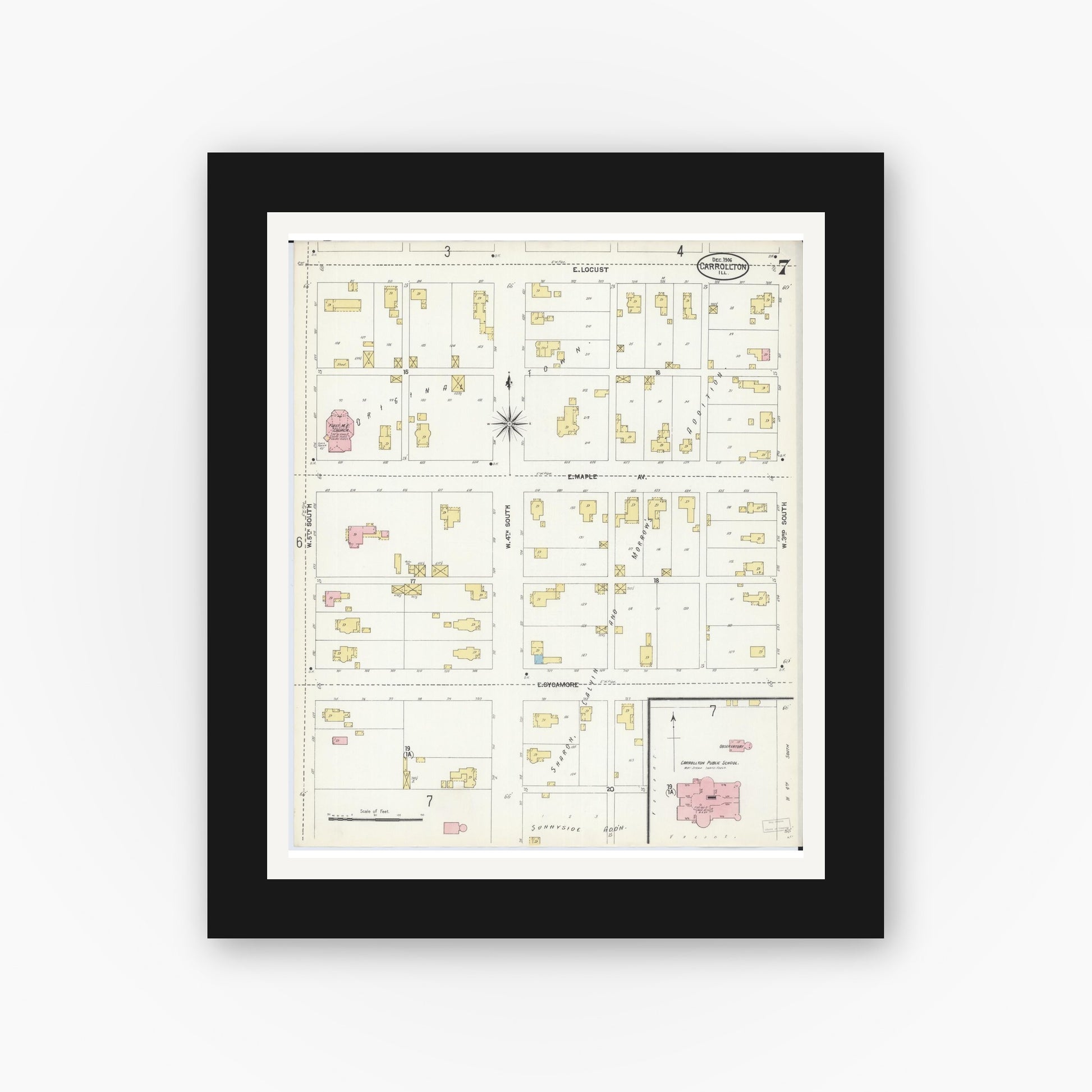 Old map wall art mockup — black gallery frame with white mat — Sanborn Fire Insurance Map from Carrollton, Greene County, Illinois (1906), Sheet #0007