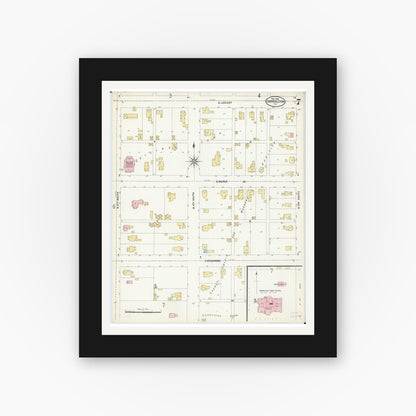 Old map wall art mockup — black gallery frame with white mat — Sanborn Fire Insurance Map from Carrollton, Greene County, Illinois (1906), Sheet #0007