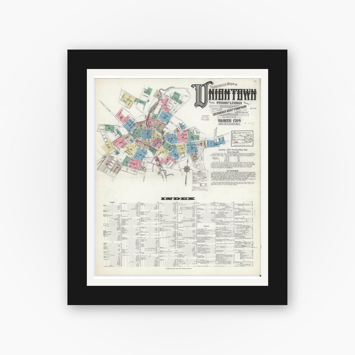 Old map wall art mockup — black gallery frame with white mat — Sanborn Fire Insurance Map from Uniontown, Fayette County, Pennsylvania (1914) - Complete Map Set