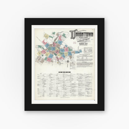Old map wall art mockup — black gallery frame with white mat — Sanborn Fire Insurance Map from Uniontown, Fayette County, Pennsylvania (1914) - Complete Map Set