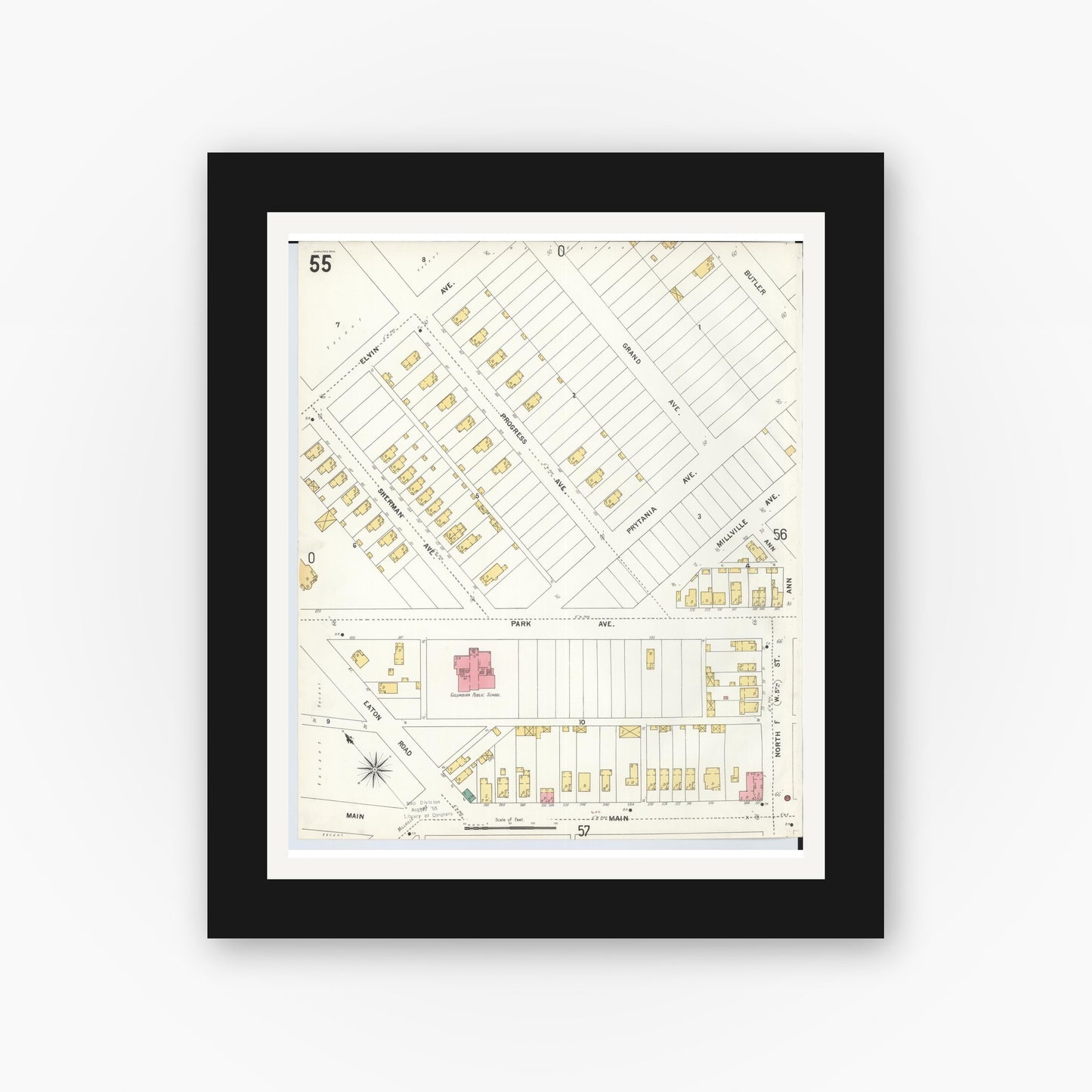 Old map wall art mockup — black gallery frame with white mat — Sanborn Fire Insurance Map from Hamilton, Butler County, Ohio (1899), Sheet #0055