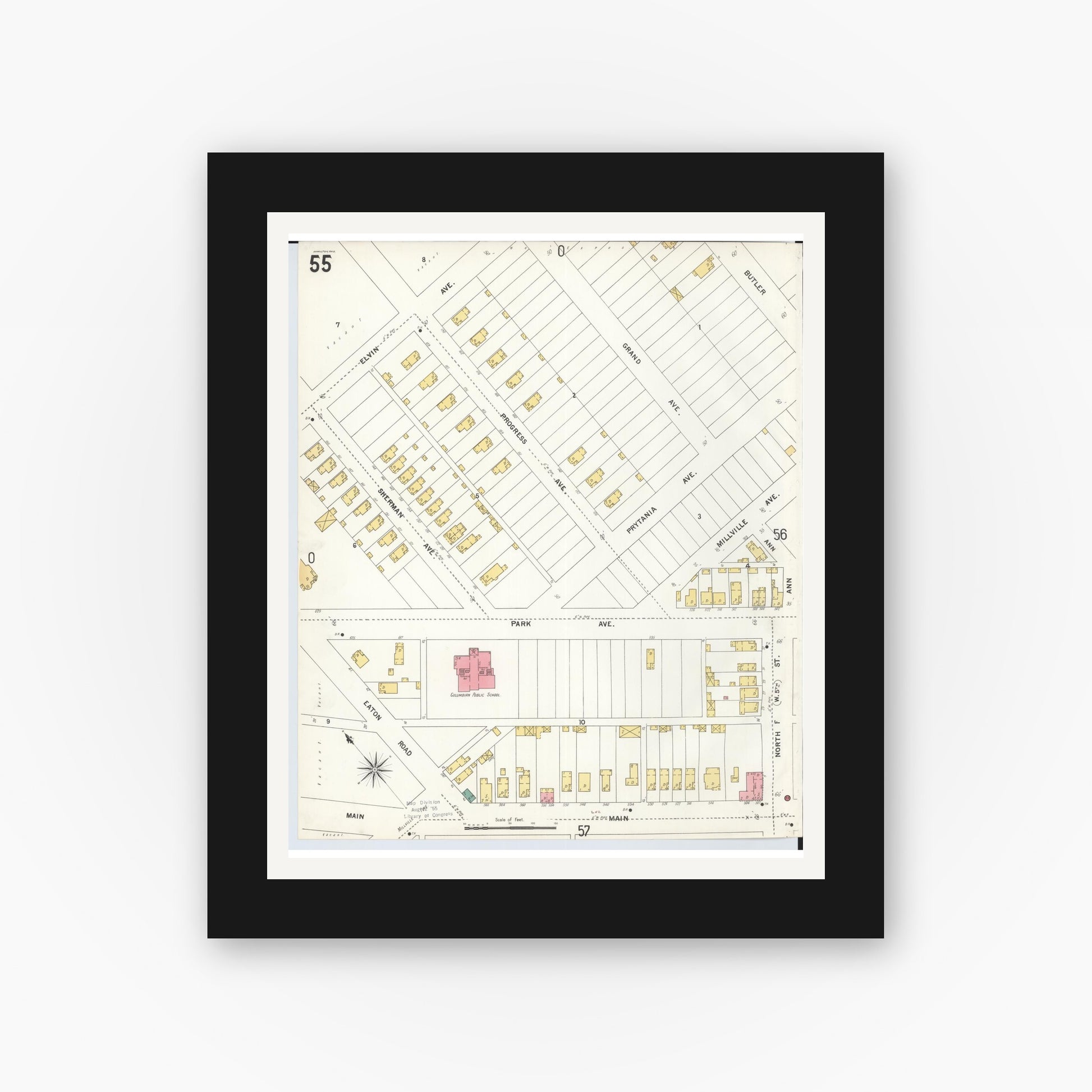 Old map wall art mockup — black gallery frame with white mat — Sanborn Fire Insurance Map from Hamilton, Butler County, Ohio (1899), Sheet #0055