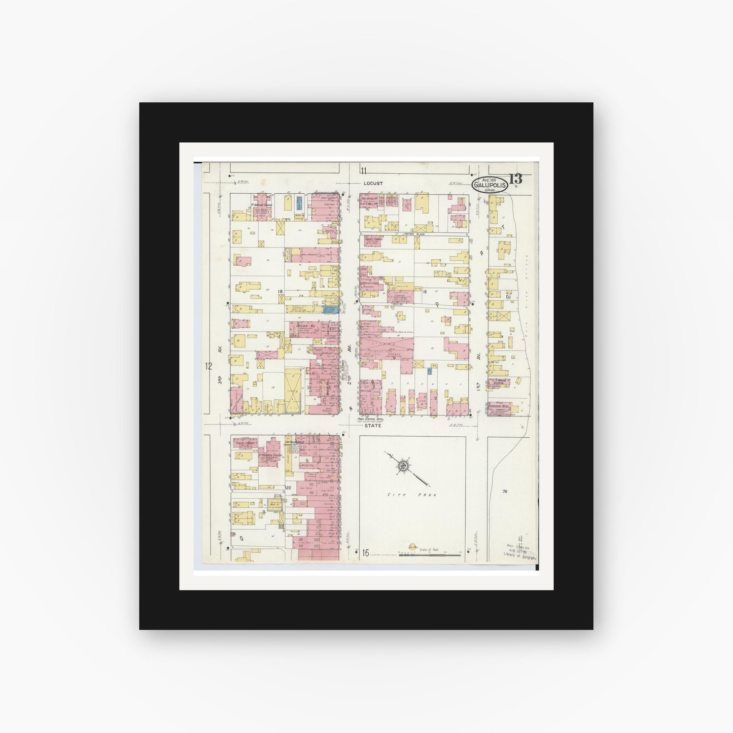 Old map wall art mockup — black gallery frame with white mat — Sanborn Fire Insurance Map from Gallipolis, Gallia County, Ohio (1916), Sheet #0013