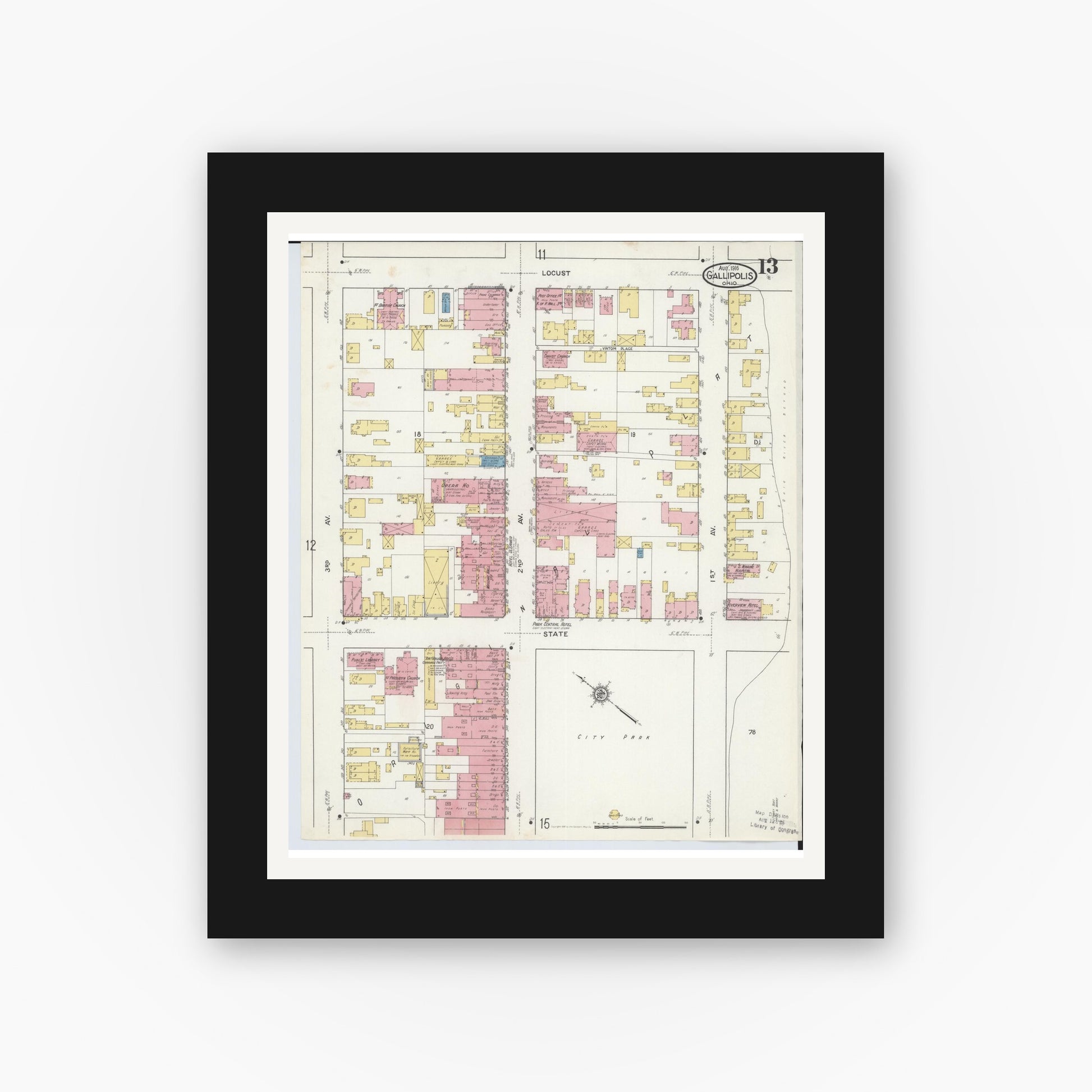 Old map wall art mockup — black gallery frame with white mat — Sanborn Fire Insurance Map from Gallipolis, Gallia County, Ohio (1916), Sheet #0013