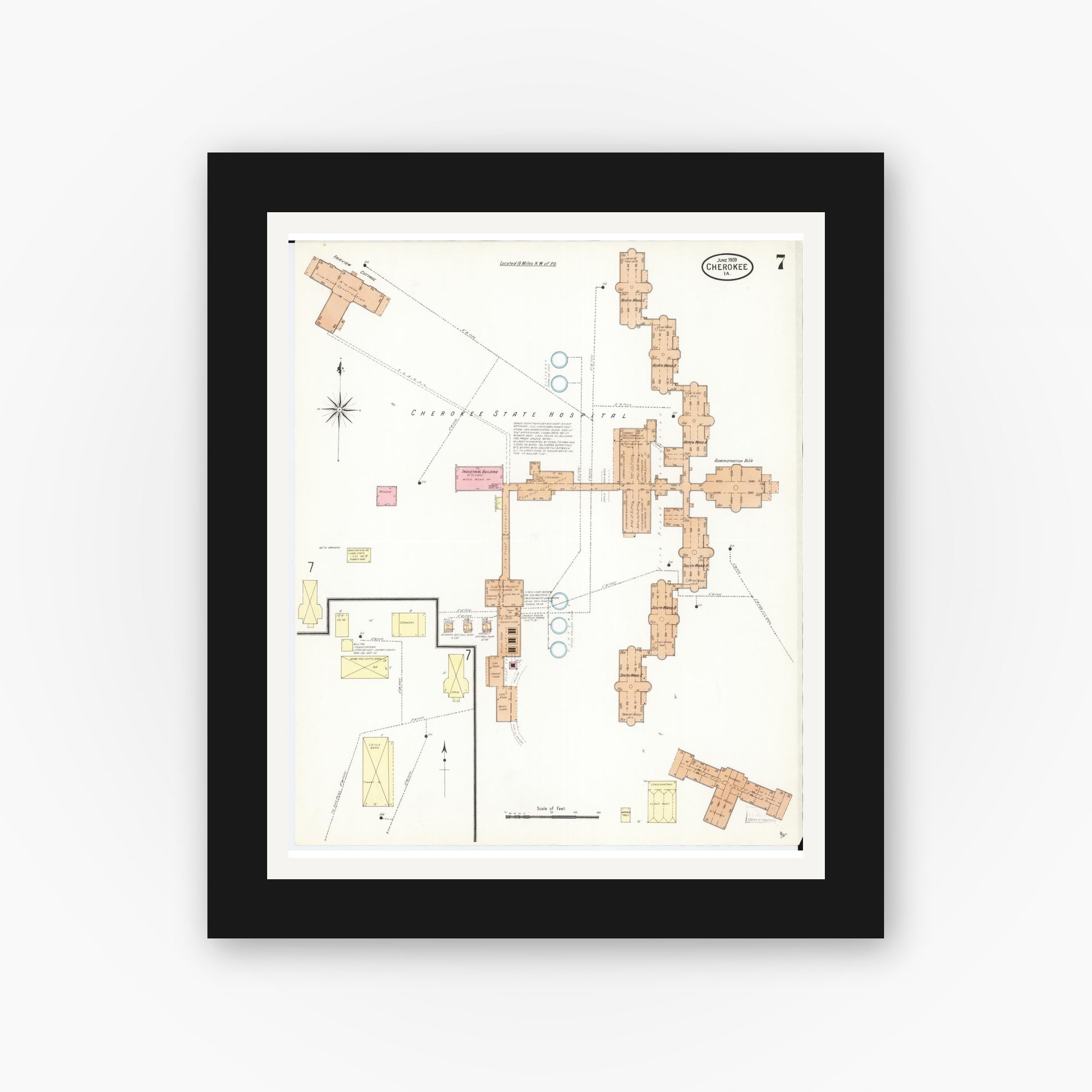 Old map wall art mockup — black gallery frame with white mat — Sanborn Fire Insurance Map from Cherokee, Cherokee County, Iowa (1909), Sheet #0007