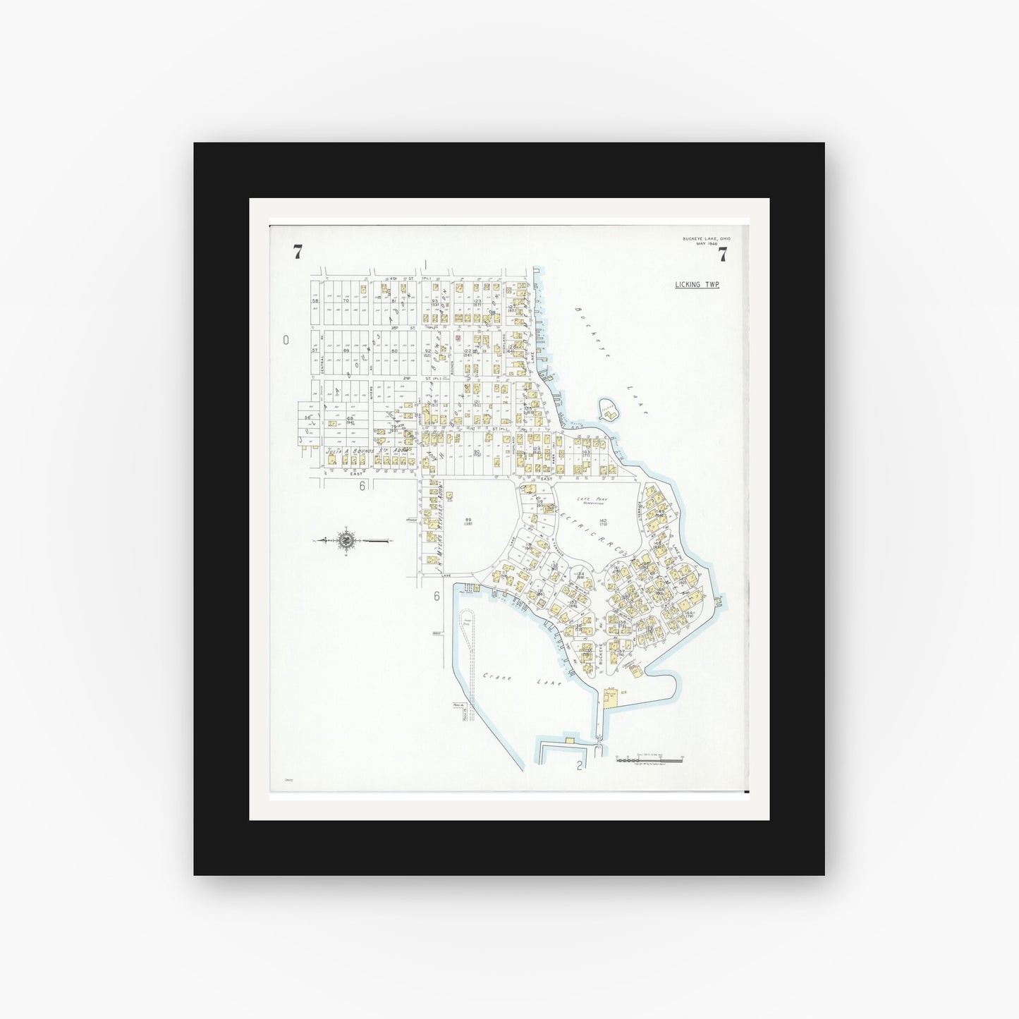 Old map wall art mockup — black gallery frame with white mat — Sanborn Fire Insurance Map from Buckeye Lake, Licking County, Ohio (1946), Sheet #0007