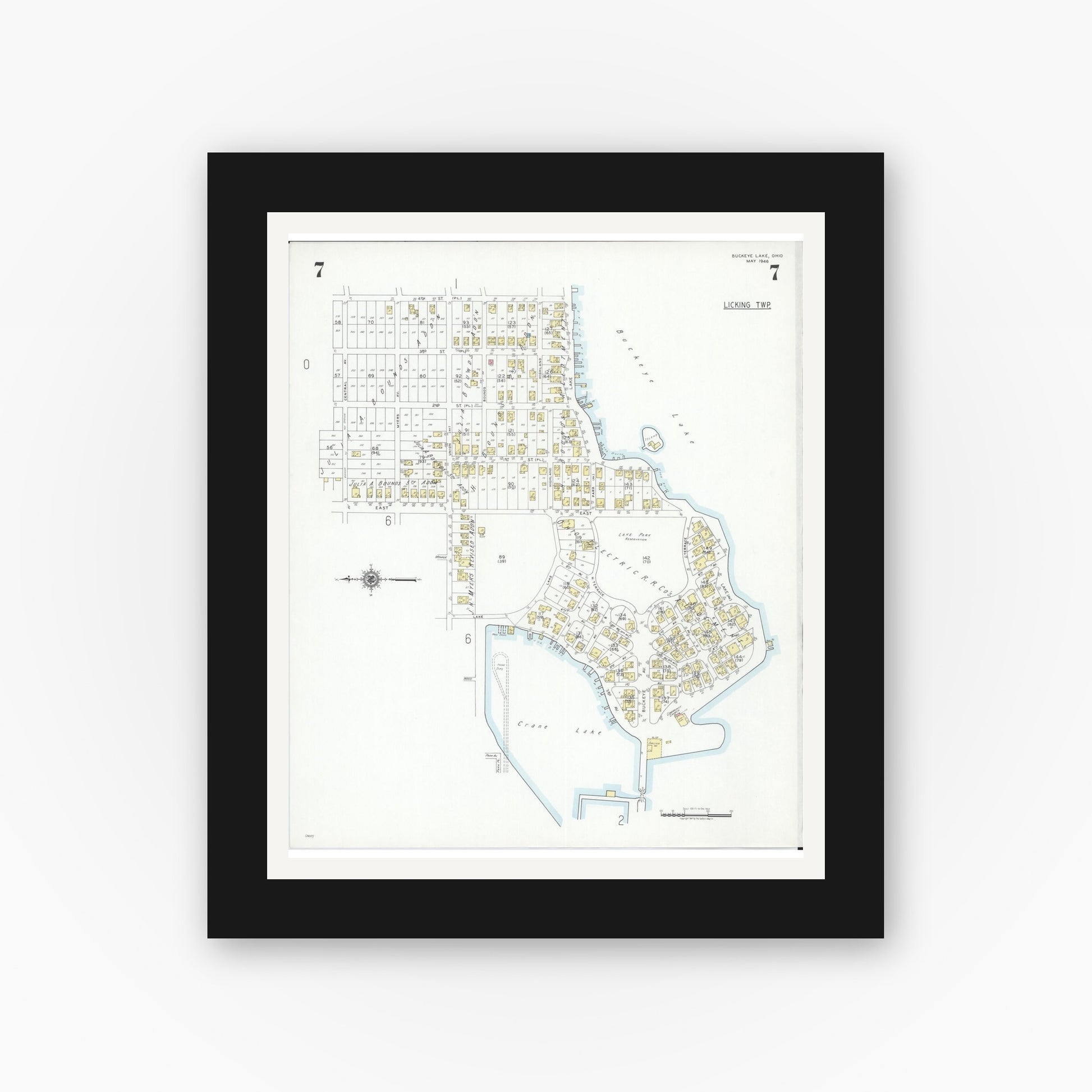 Old map wall art mockup — black gallery frame with white mat — Sanborn Fire Insurance Map from Buckeye Lake, Licking County, Ohio (1946), Sheet #0007