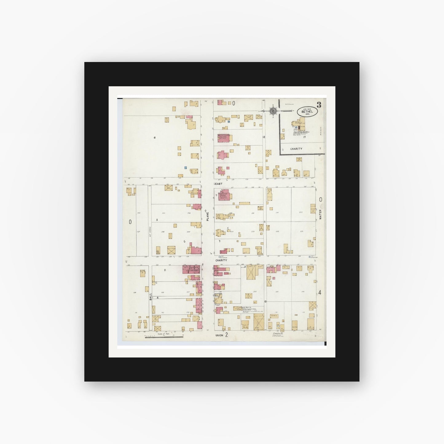 Old map wall art mockup — black gallery frame with white mat — Sanborn Fire Insurance Map from Bethel, Clermont County, Ohio (1912), Sheet #0003