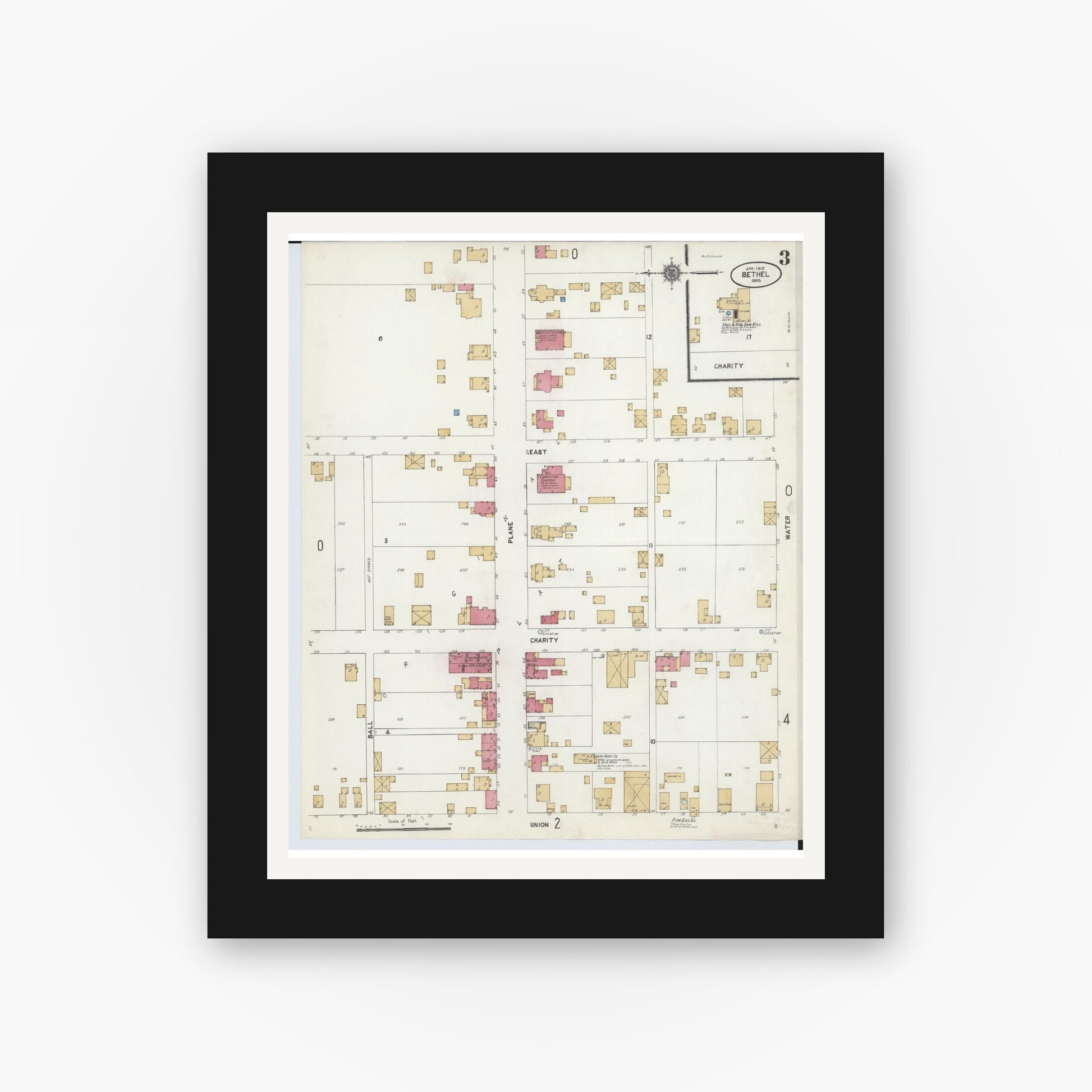 Old map wall art mockup — black gallery frame with white mat — Sanborn Fire Insurance Map from Bethel, Clermont County, Ohio (1912), Sheet #0003