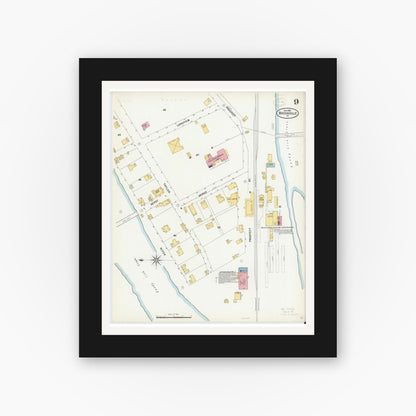 Old map wall art mockup — black gallery frame with white mat — Sanborn Fire Insurance Map from Brookville, Jefferson County, Pennsylvania (1899), Sheet #0009