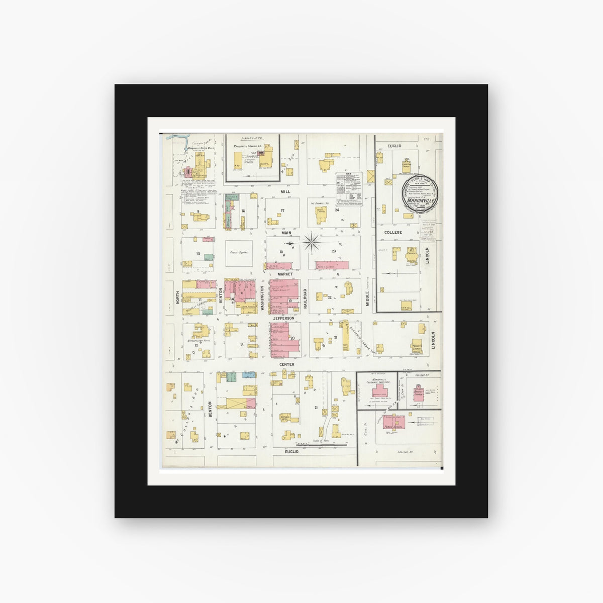 Old map wall art mockup — black gallery frame with white mat — Sanborn Fire Insurance Map from Marionville, Lawrence County, Missouri (1900), Sheet #0001