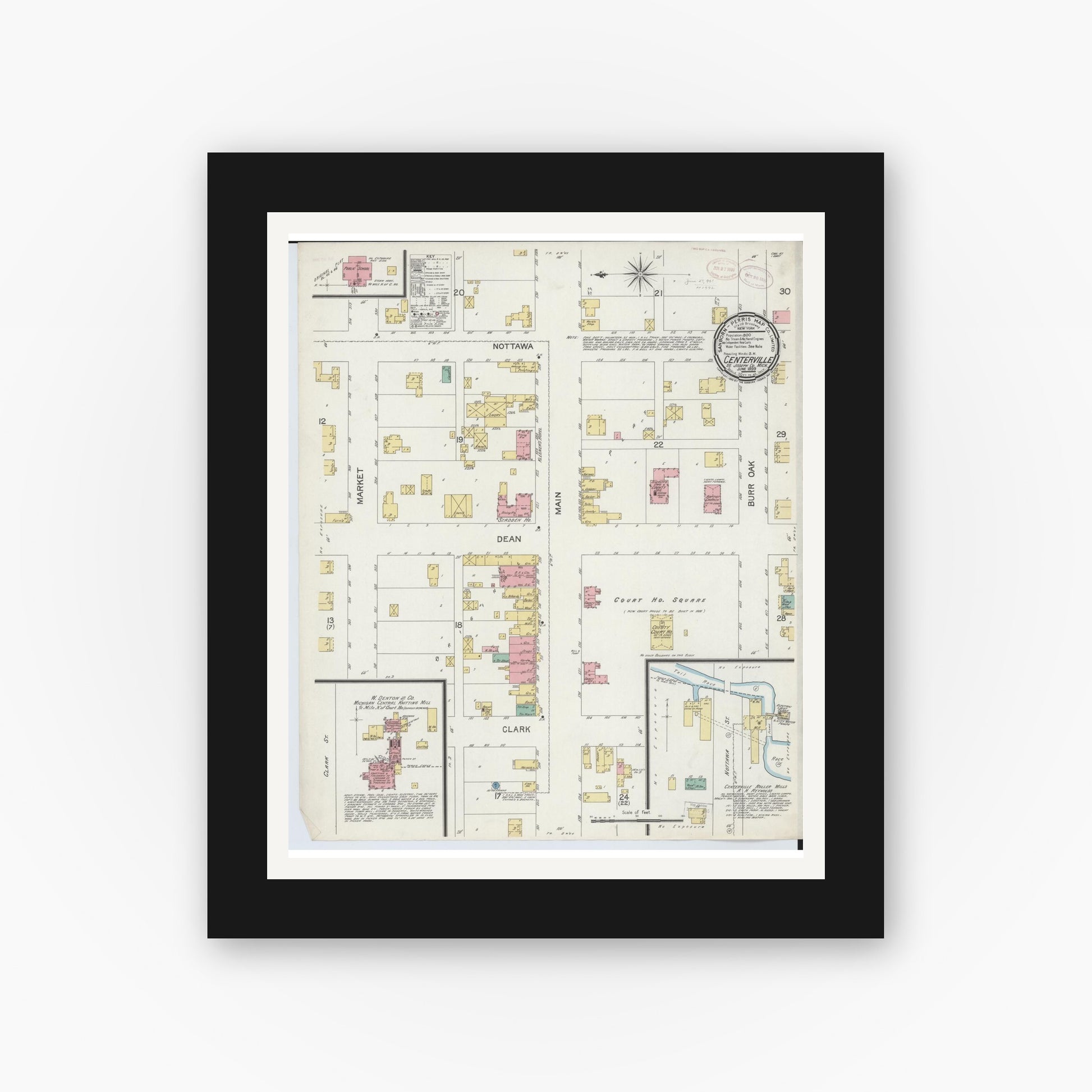 Old map wall art mockup — black gallery frame with white mat — Sanborn Fire Insurance Map from Centreville, Saint Joseph County, Michigan (1899), Sheet #0001