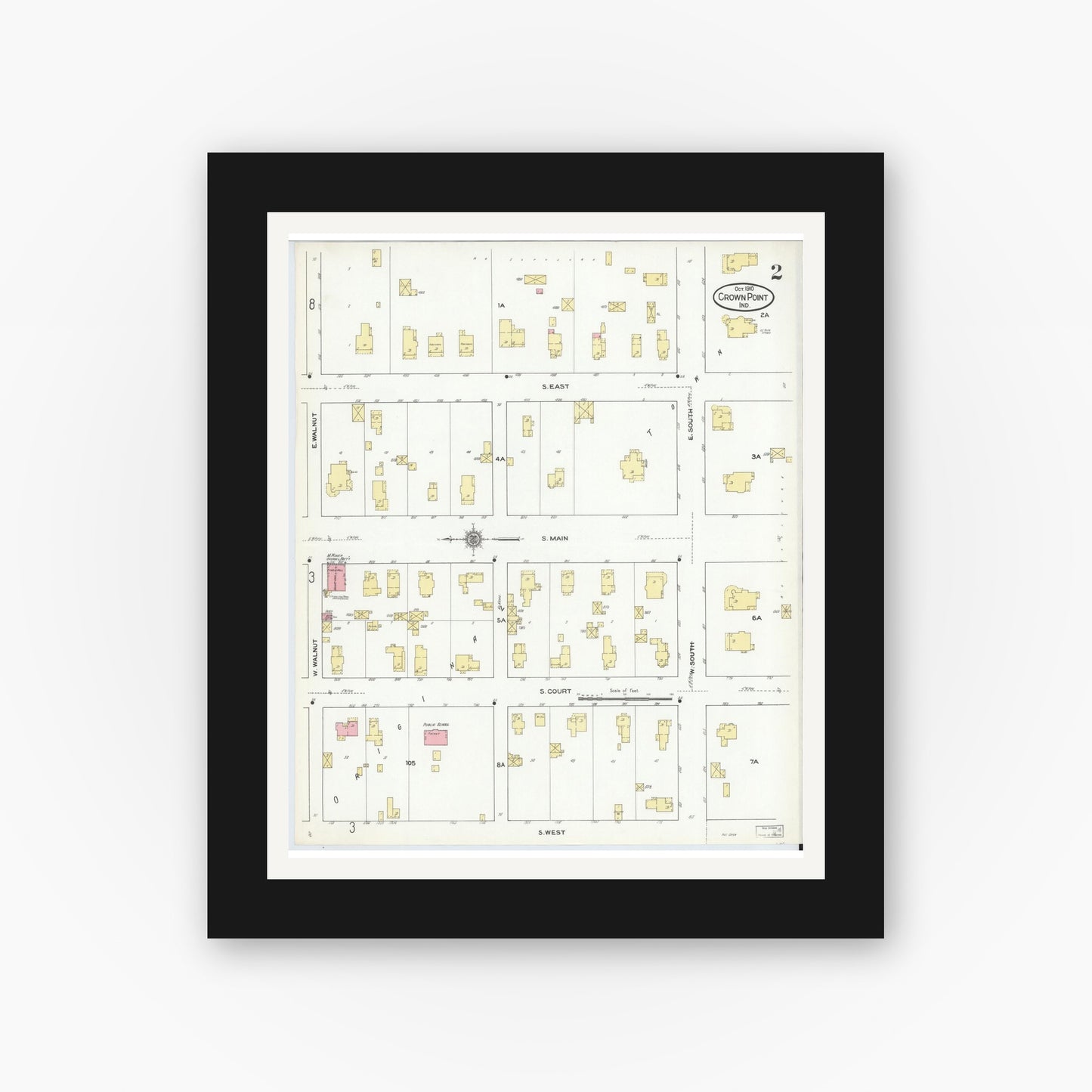 Old map wall art mockup — black gallery frame with white mat — Sanborn Fire Insurance Map from Crown Point, Lake County, Indiana (1910), Sheet #0002