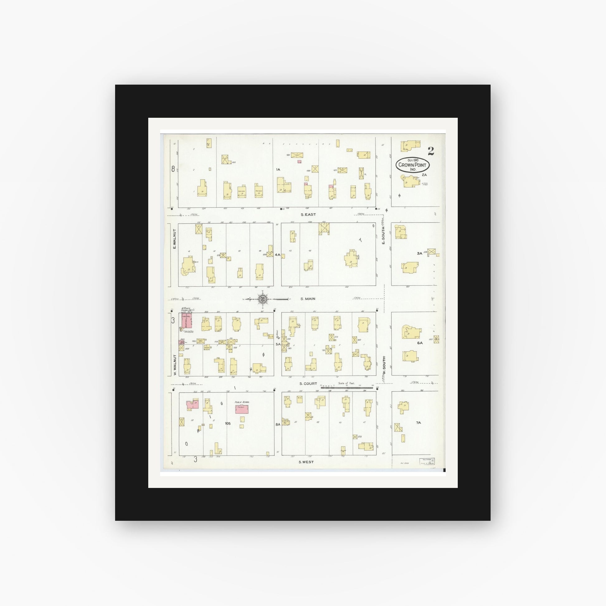 Old map wall art mockup — black gallery frame with white mat — Sanborn Fire Insurance Map from Crown Point, Lake County, Indiana (1910), Sheet #0002
