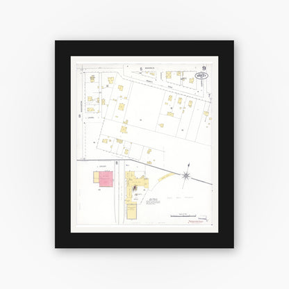 Old map wall art mockup — black gallery frame with white mat — Sanborn Fire Insurance Map from Gridley, Butte County, California (1909), Sheet #0009