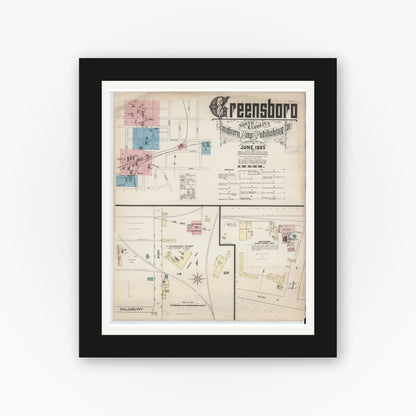 Old map wall art mockup — black gallery frame with white mat — Sanborn Fire Insurance Map from Greensboro, Guilford County, North Carolina (1885), Sheet #0001