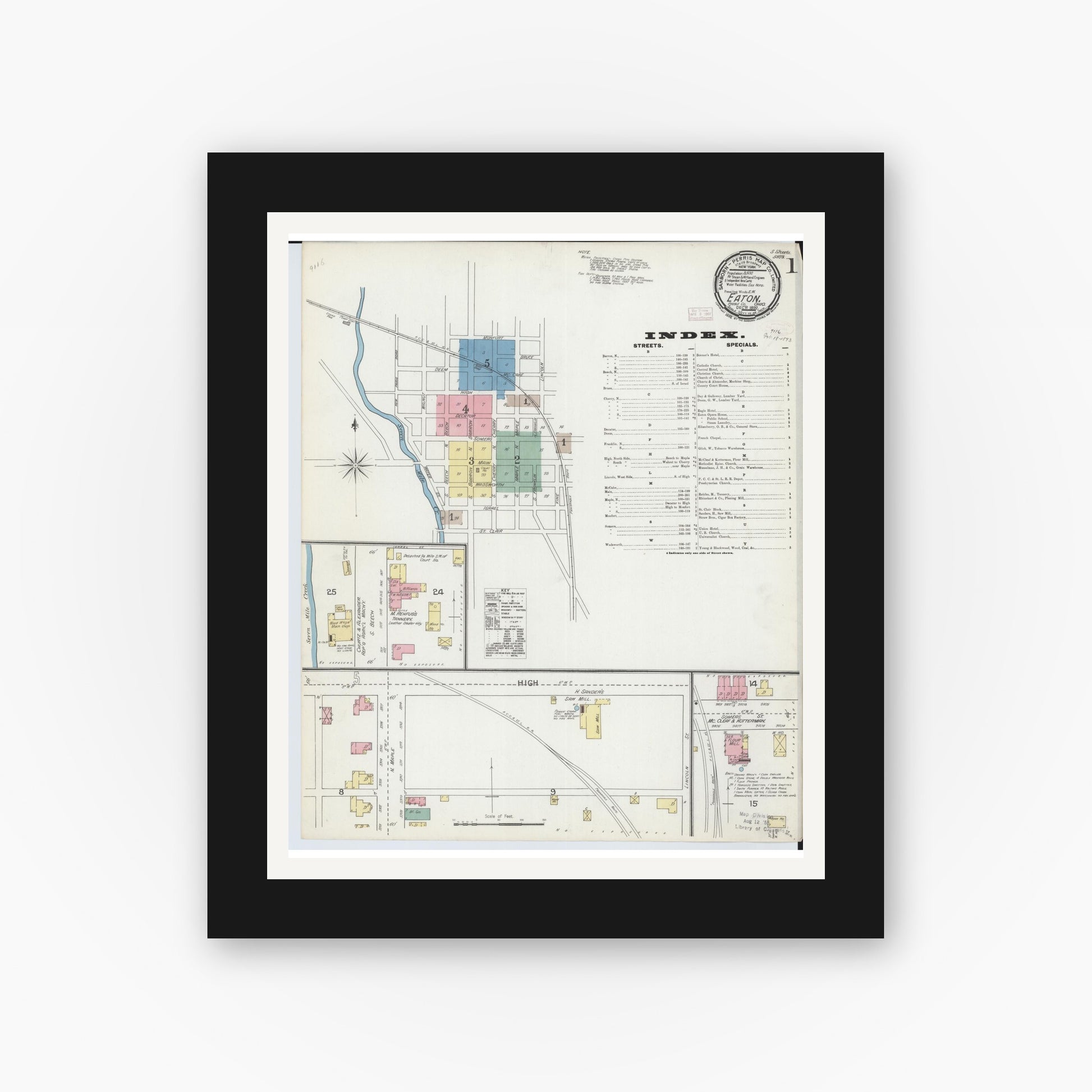 Old map wall art mockup — black gallery frame with white mat — Sanborn Fire Insurance Map from Eaton, Preble County, Ohio (1892), Sheet #0001