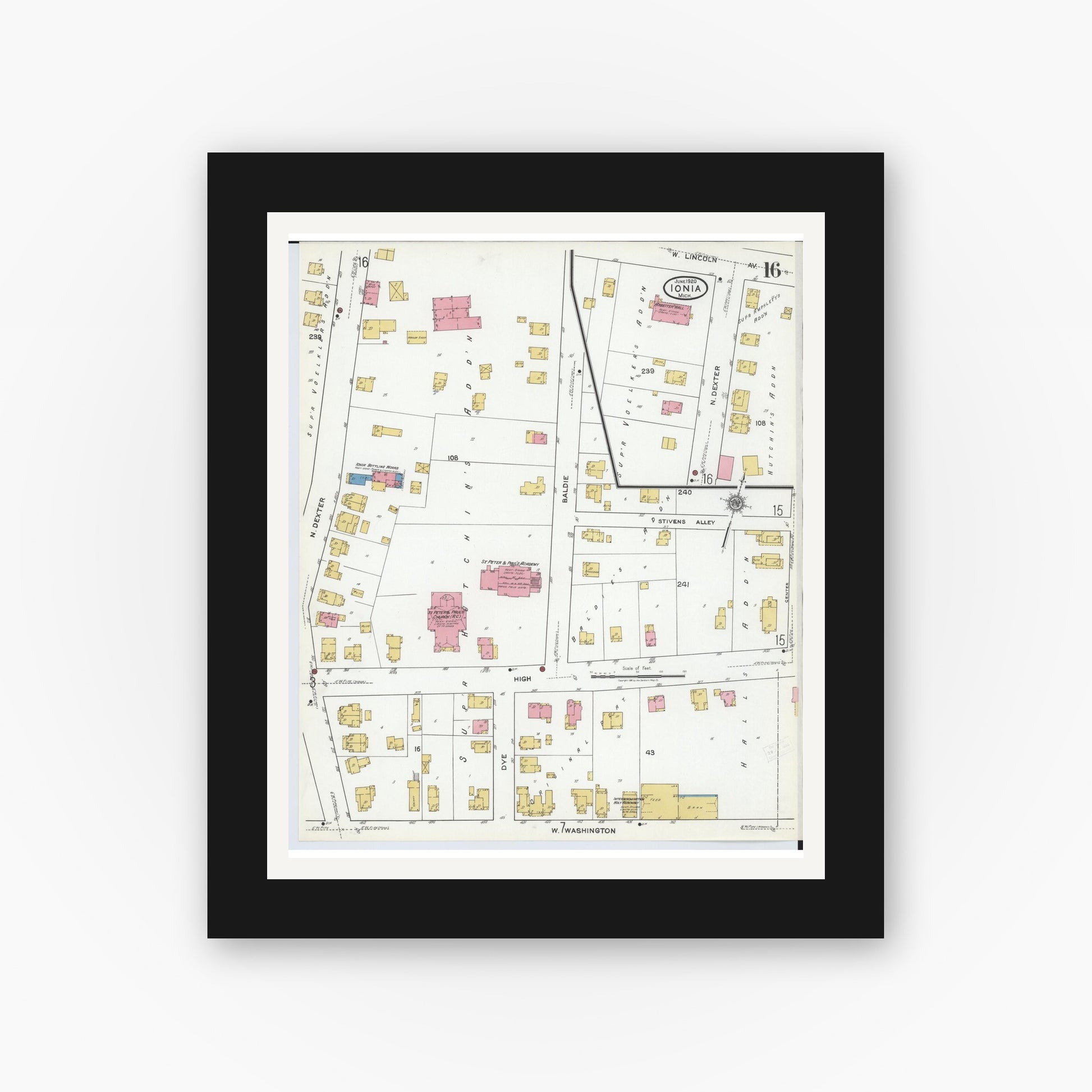 Old map wall art mockup — black gallery frame with white mat — Sanborn Fire Insurance Map from Ionia, Ionia County, Michigan (1920), Sheet #0016