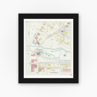Old map wall art mockup — black gallery frame with white mat — Sanborn Fire Insurance Map from Flint, Genesee County, Michigan (1898), Sheet #0012