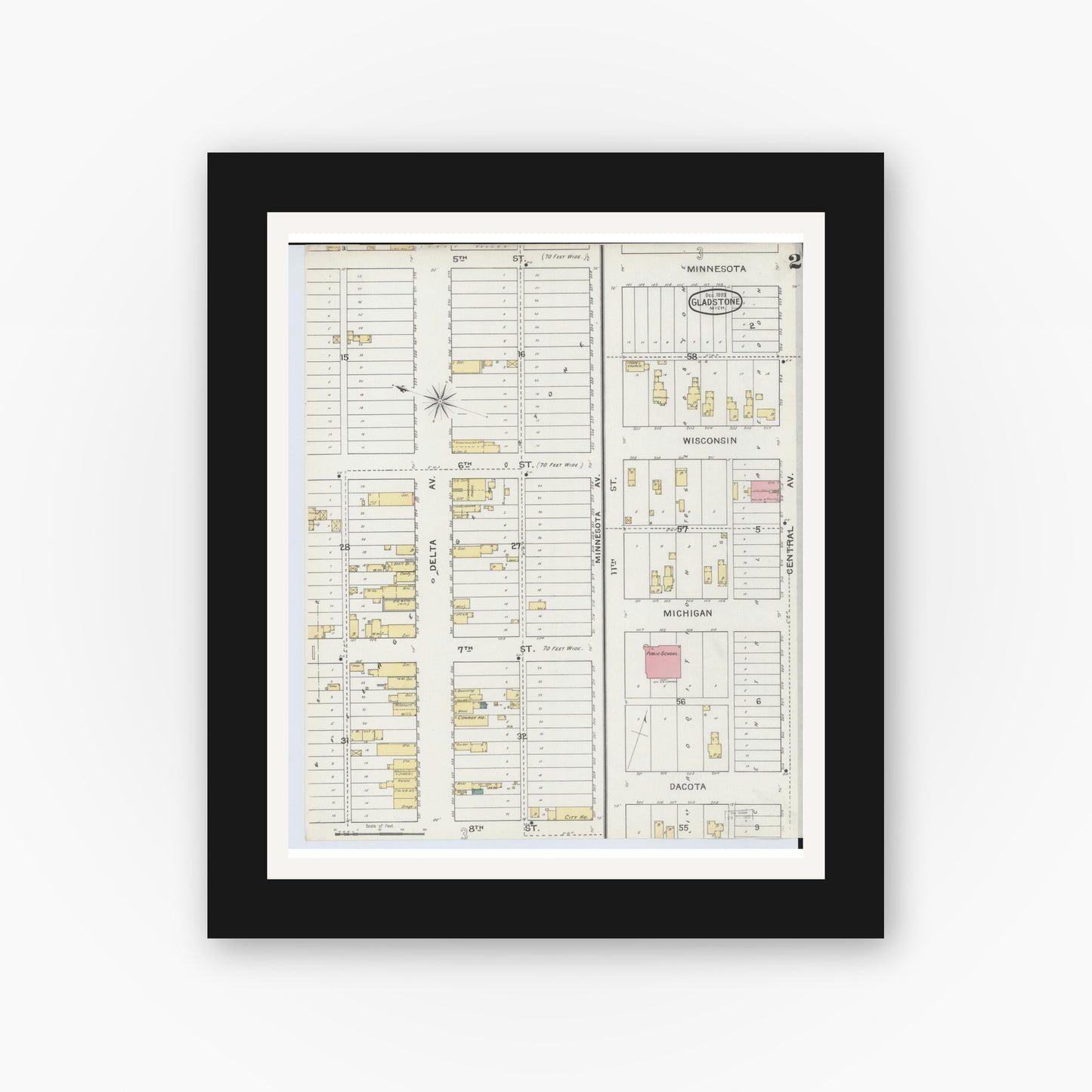 Old map wall art mockup — black gallery frame with white mat — Sanborn Fire Insurance Map from Gladstone, Delta County, Michigan (1893), Sheet #0002