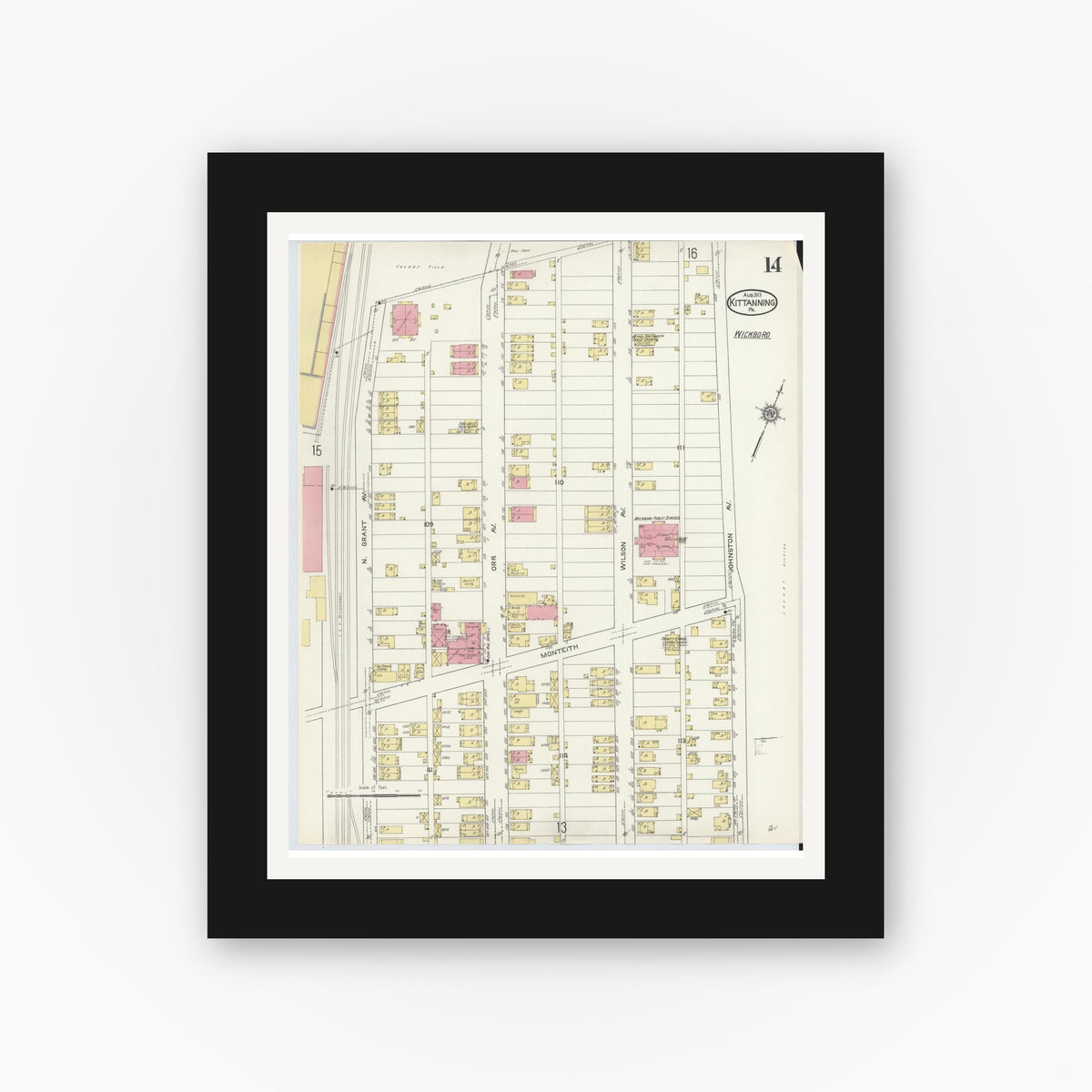 Old map wall art mockup — black gallery frame with white mat — Sanborn Fire Insurance Map from Kittanning, Armstrong County, Pennsylvania (1913), Sheet #0014