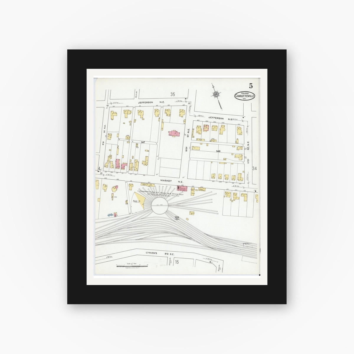 Old map wall art mockup — black gallery frame with white mat — Sanborn Fire Insurance Map from Charlottesville, Independent Cities, Virginia (1920), Sheet #0005