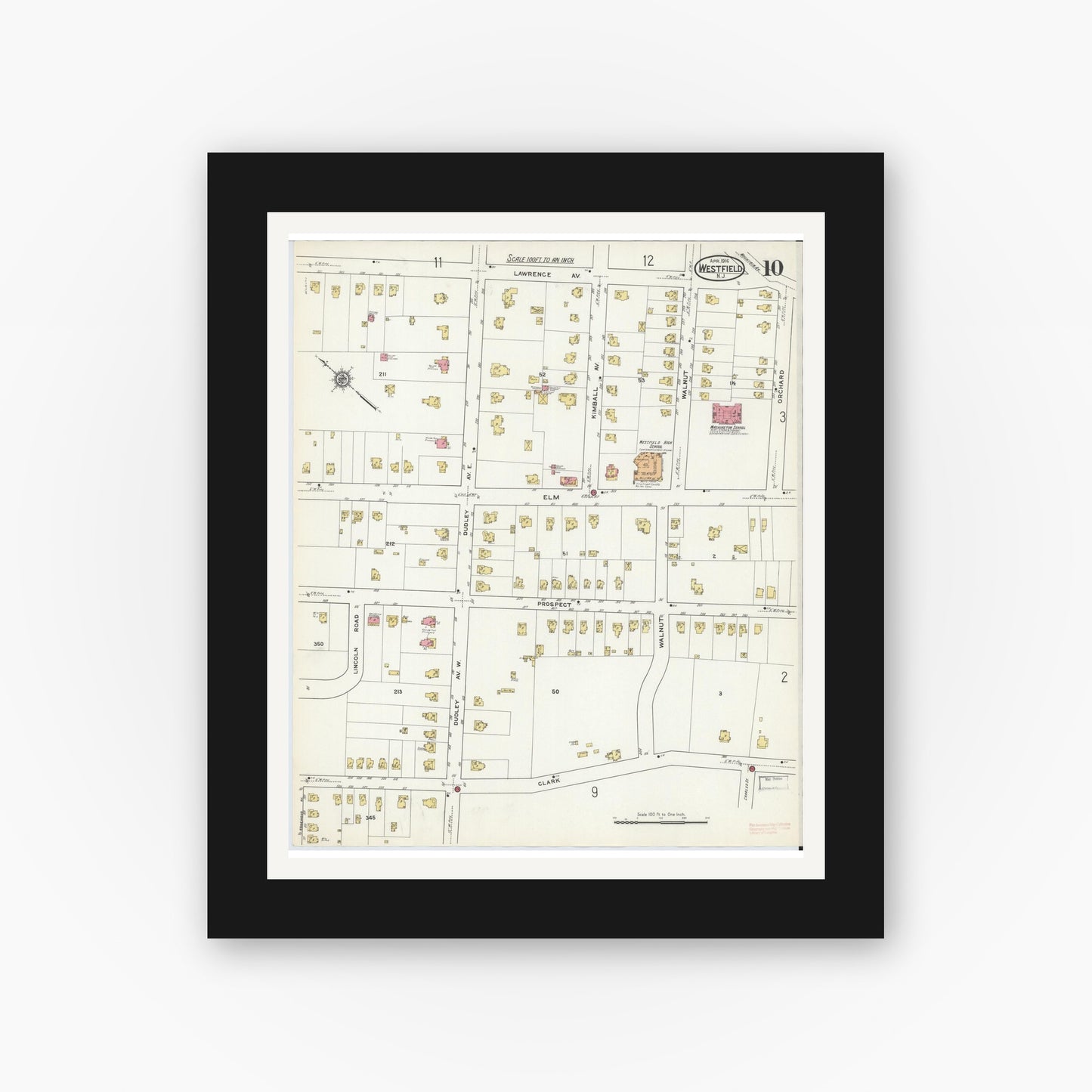 Old map wall art mockup — black gallery frame with white mat — Sanborn Fire Insurance Map from Westfield, Union County, New Jersey (1916), Sheet #0010