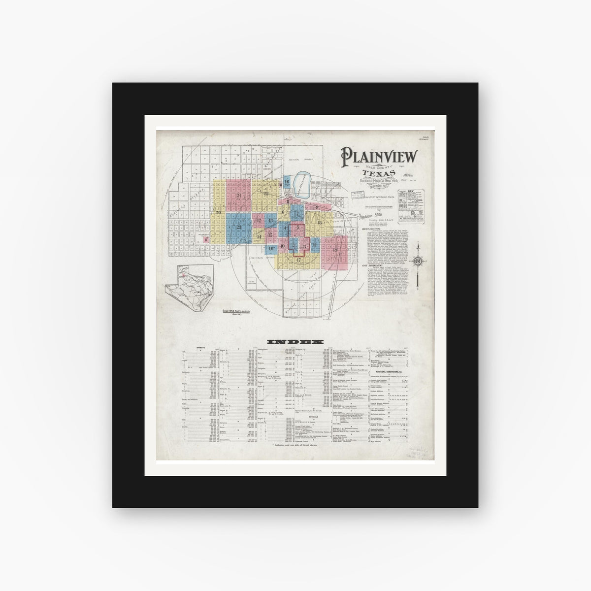 Old map wall art mockup — black gallery frame with white mat — Sanborn Fire Insurance Map from Plainview, Hale County, Texas (1927), Sheet #0001