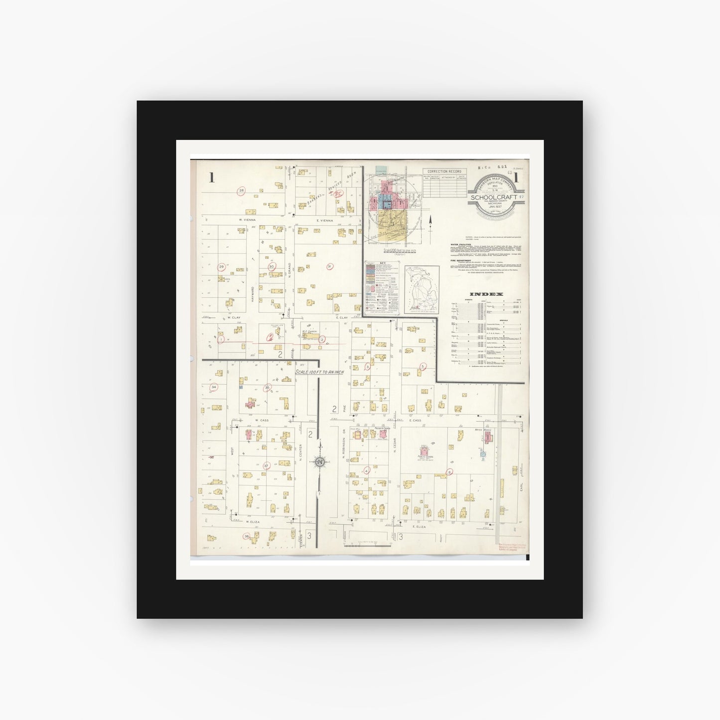 Old map wall art mockup — black gallery frame with white mat — Sanborn Fire Insurance Map from Schoolcraft, Kalamazoo County, Michigan (1937), Sheet #0001